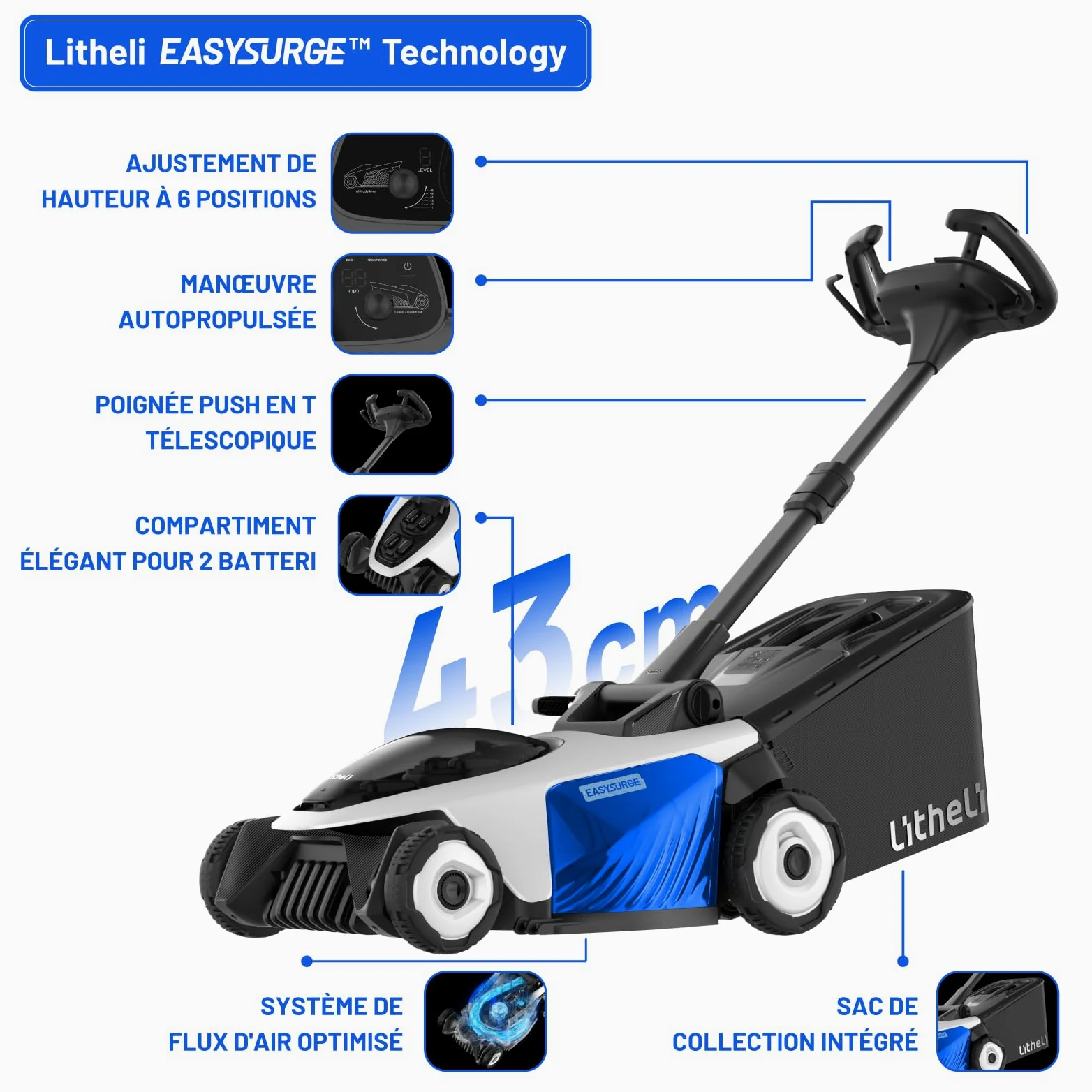 Litheli Easysurge Tondeuse à Gazon sans Fil 43cm, 2X 20V Batteries 4.0Ah, Autotractée (2,2-4,7 km/h), Bac 50L, 25-75 mm Hauteur Réglable, pour Pelouses jusqu'à 500m²