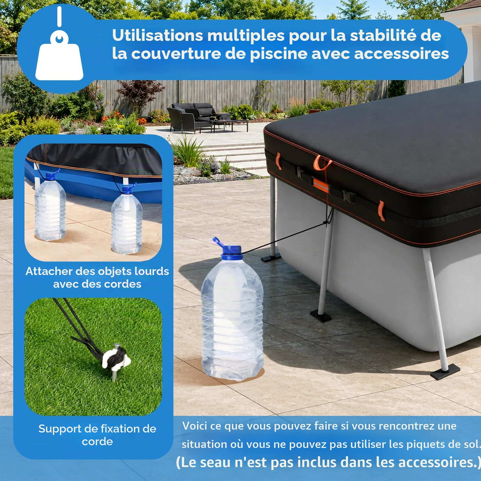 BâChe Rectangulaire 420D pour Piscine Hors Sol, RéSistante Aux UV Et Aux DéChirures, Disponible en Plusieurs Tailles 284x558cm, Protection Coupe-Vent avec Bandes RéFléChissantes.