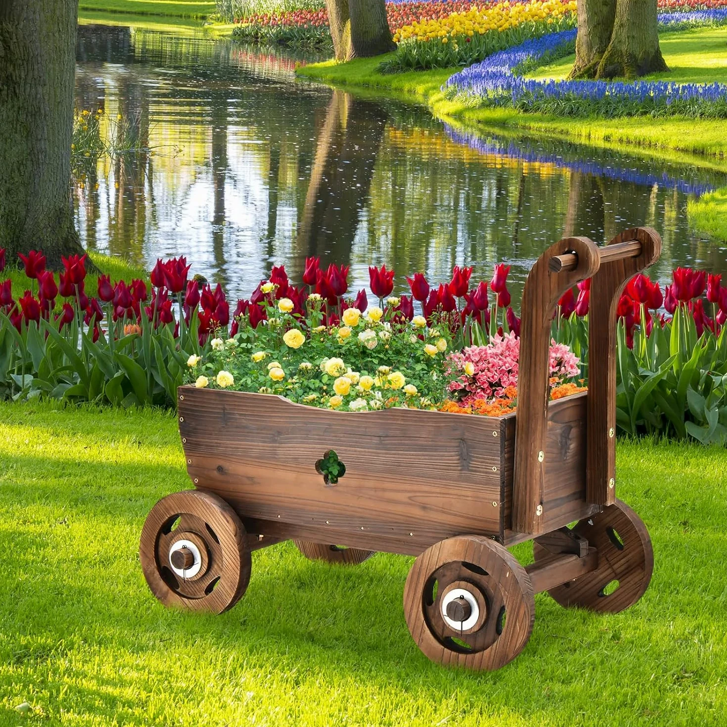 FANTASK Chariot à Fleurs en Bois avec Roues et poignée, Chariot de Plantation avec Trou de Drainage, Diable Rustique, pour Jardin, terrasse, Pot de Fleurs, brouette, décoration de Jardin, jardinière