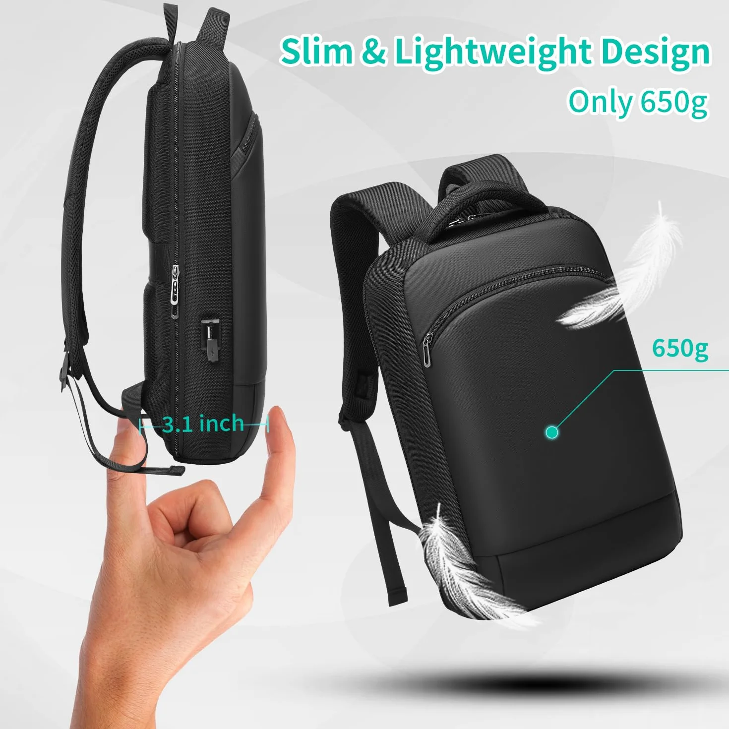Sac à Dos PC Portable 15.6 Pouces Homme Impermeable USB Charging Port Voyage Travail Noir