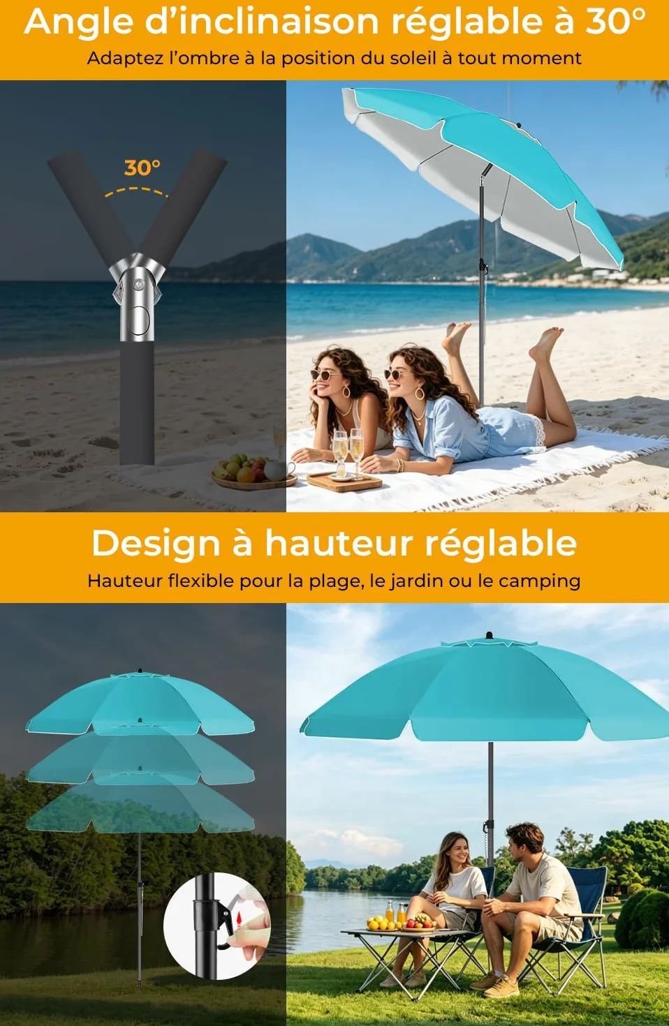 Parasol Plage Inclinable UV50+ 200cm Turquoise HOMEDEMO avec Pied d'Ancrage & Housse