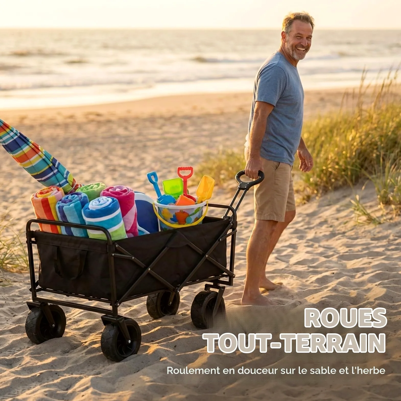 SNZ Chariot de Transport Pliable 4 Roues - Capacité 150kg - Roues 360° Tout Terrain - Poignée Réglable - pour Camping, Courses, Jardin, Plage - Compact et Léger