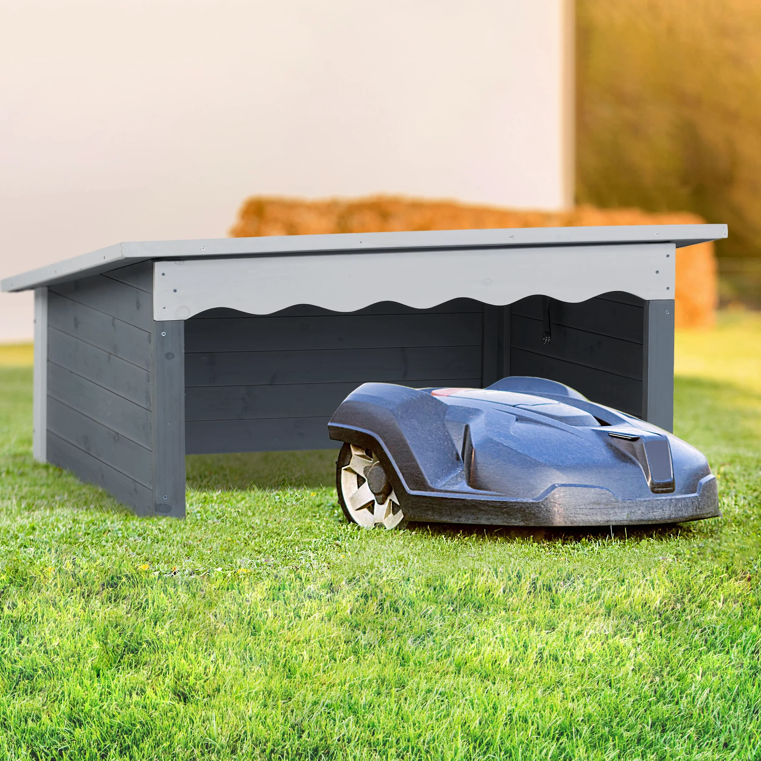 Relaxdays Garage à Robot Tondeuse, Bois, Toit résistant aux intempéries, Jardin, ouvrable, HLP : 46x108x82 cm, Gris
