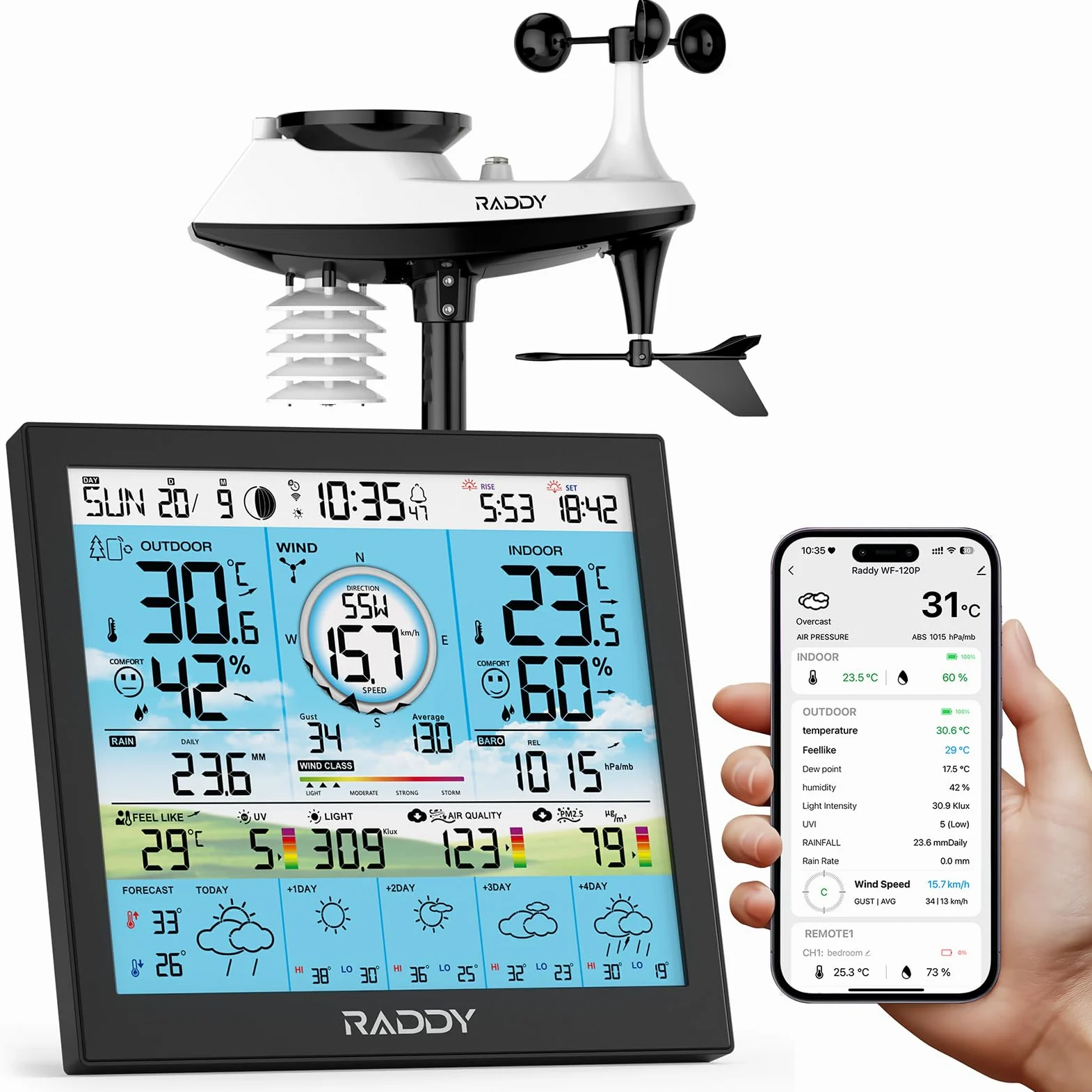 Raddy WF-120P Station météo Wi-Fi avec contrôle via application, écran couleur HTN 10″, température et humidité int./ext., indice UV/lumière, PM2.5 AQI, prévisions 5 jours, capteur extérieur 7-en-1