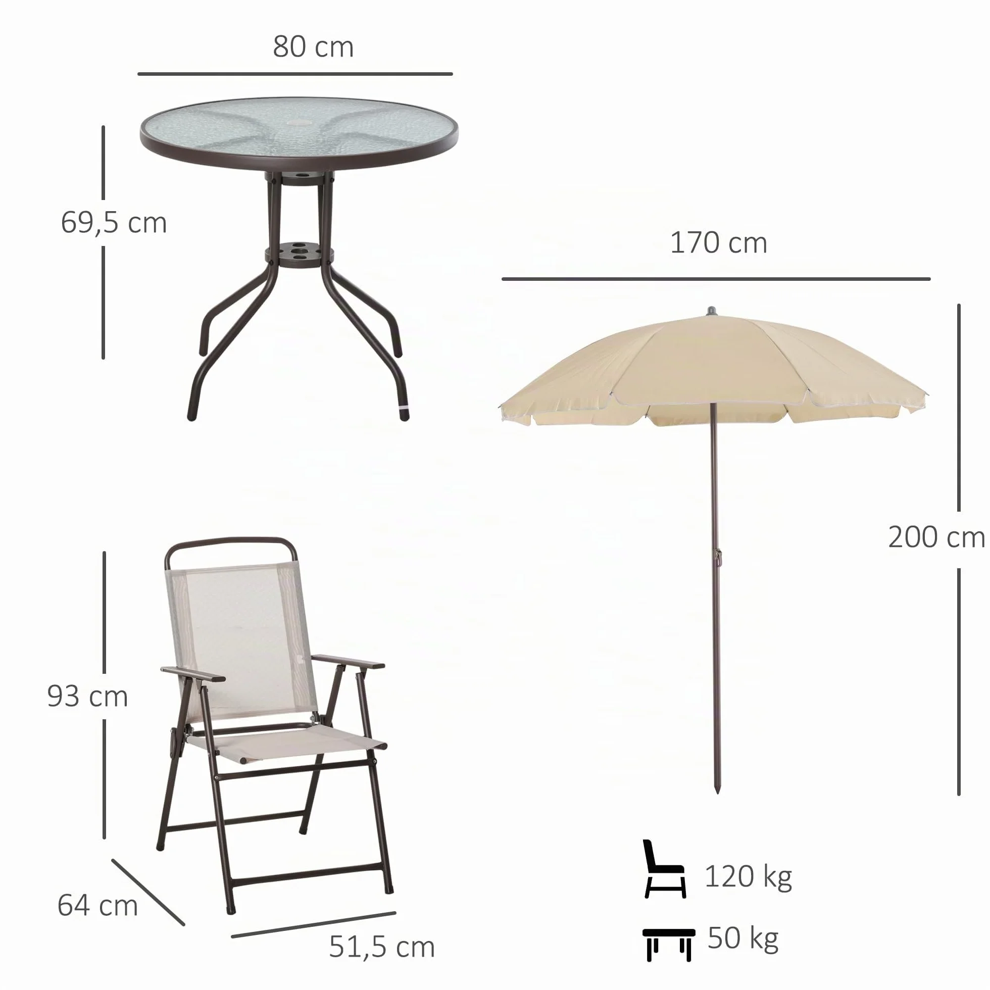 Outsunny Salon de Jardin 6 pièces Table Ronde Chaises Pliables Parasol Acier époxy Polyester Beige