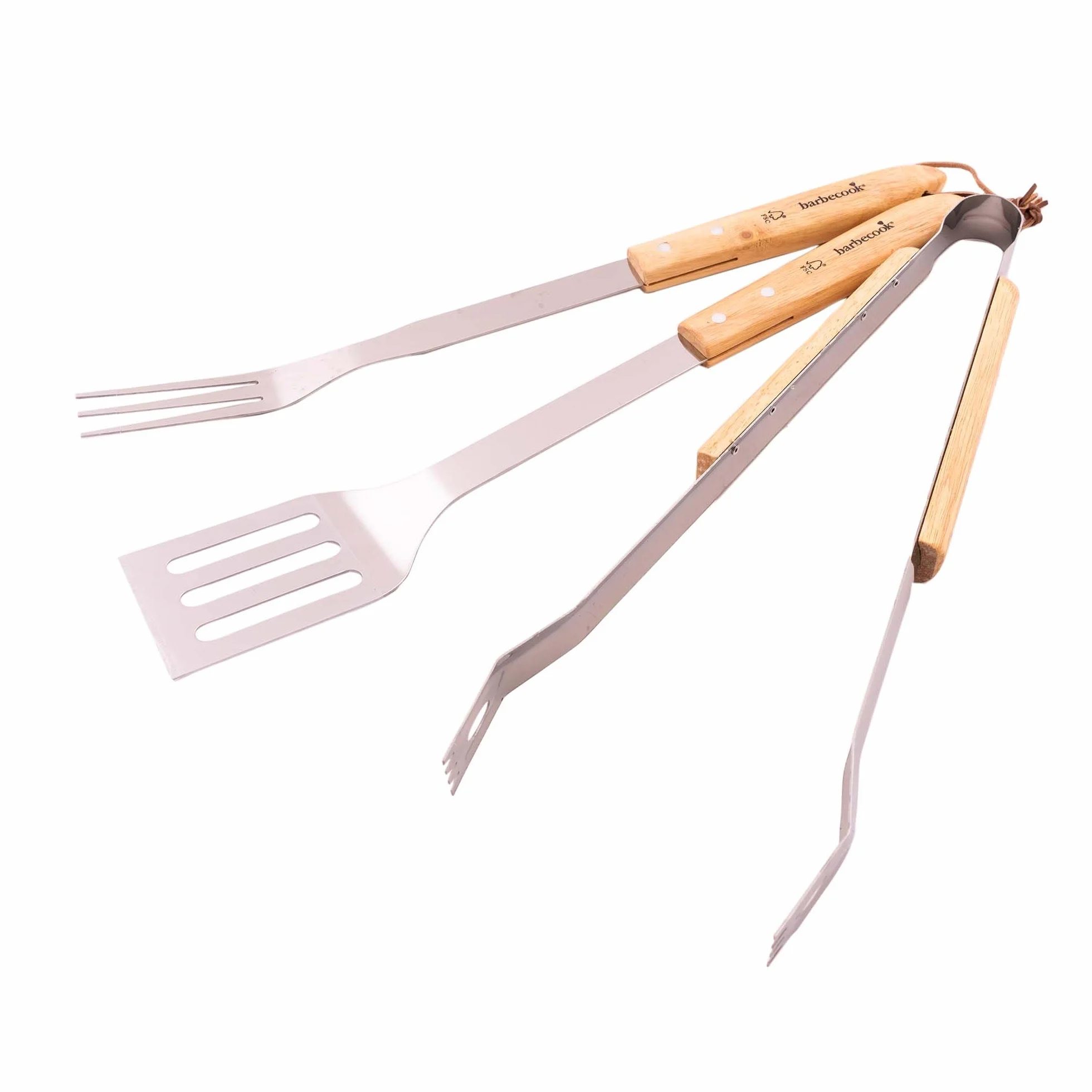 Barbecook Kit Ustensiles Barbecue Acier Inoxydable Manche Bois Bouleau Spatule Fourchette Pince