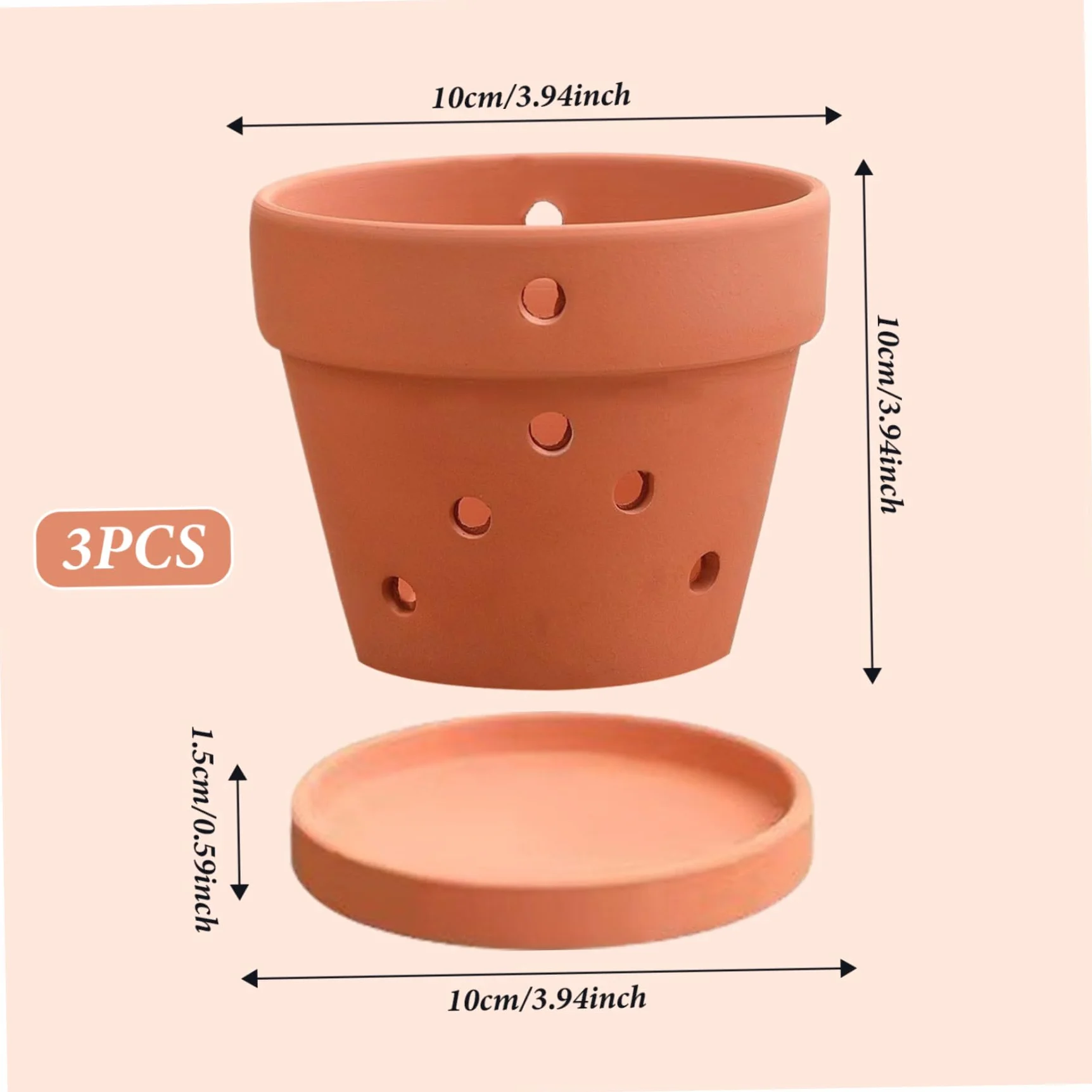 Pots d'orchidées en terre cuite avec trous 4 pouces 3 pièces soucoupes