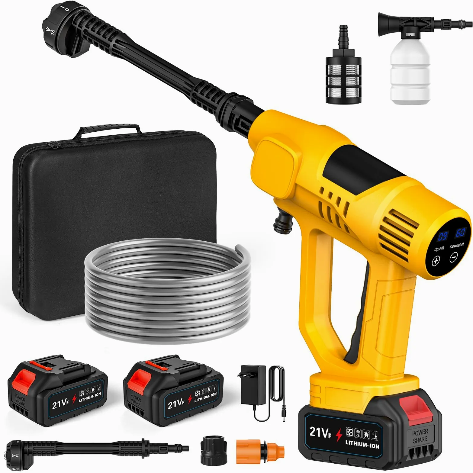 Nettoyeur Haute Pression sans Fil, Max 65 Bar Nettoyeur Haute Pression sur Batterie avec 2 x 3,0 Ah Batteries + Chargeur, Buse 6 en 1, 1-10 Niveaux de Pression, Écran LCD, pour Voiture, Jardin