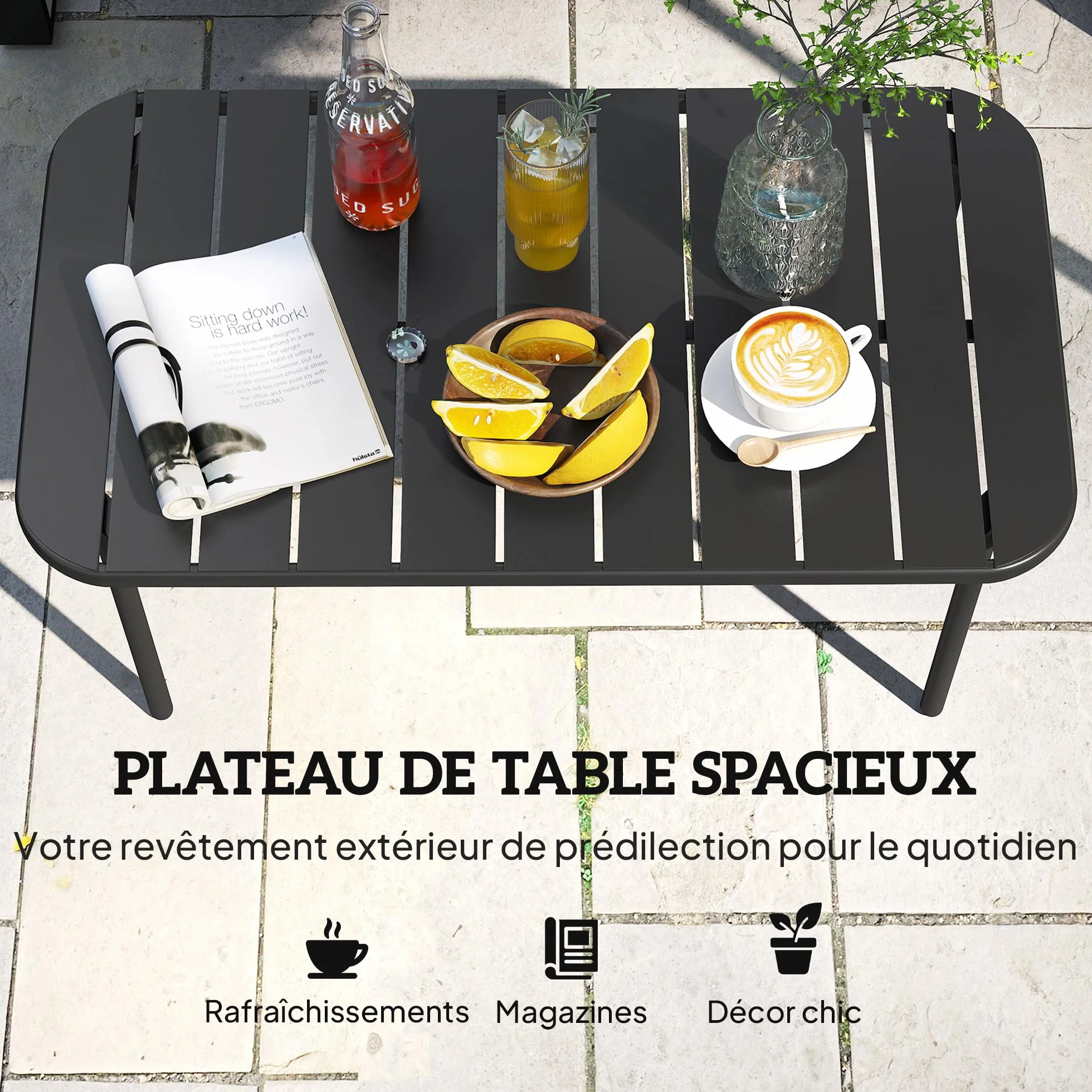 Outsunny Table Basse de Jardin en Acier Galvanisé 90x50x43cm Noir