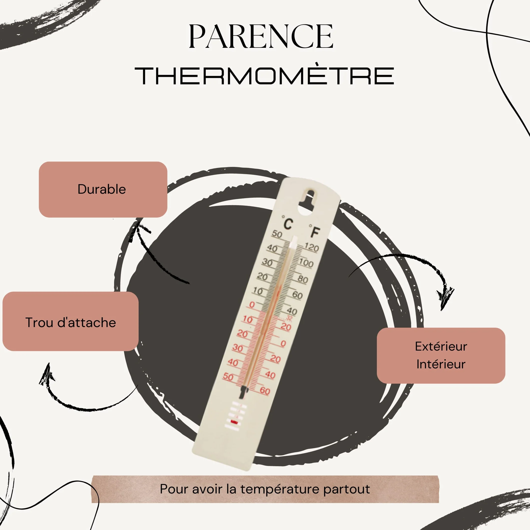 Thermomètre mural en plastique -50 à +50 °C Blanc 20 cm