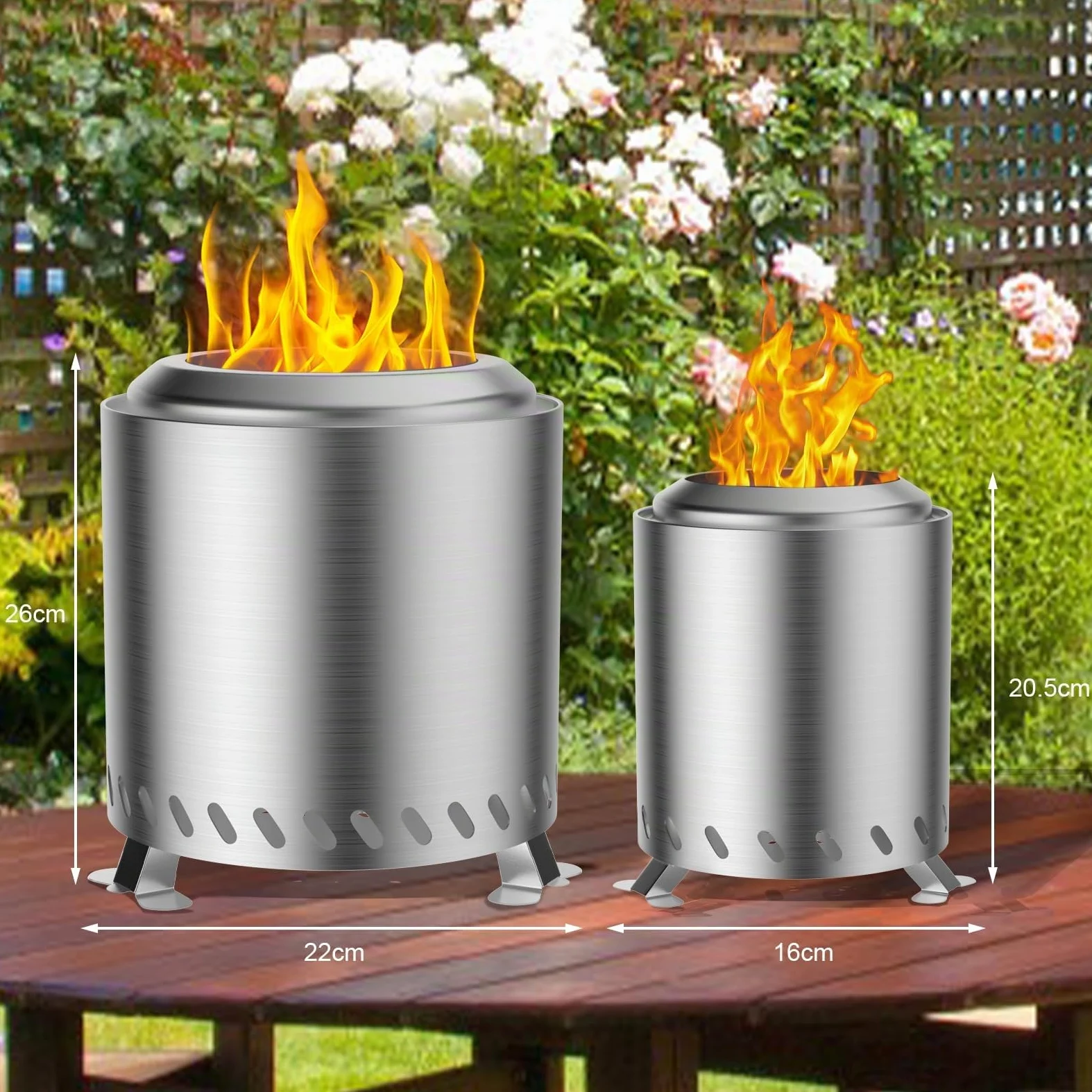 Brasero Exterieur de Jardin, Foyer sans fumée Acier Inoxydable 22x22x26cm Mini Corbeille à feu Tonneau de feu avec Pied et Sac de Rangement, Balcon Terrasse Jardin Déco, Idéal pour BBQ Pellets Bois
