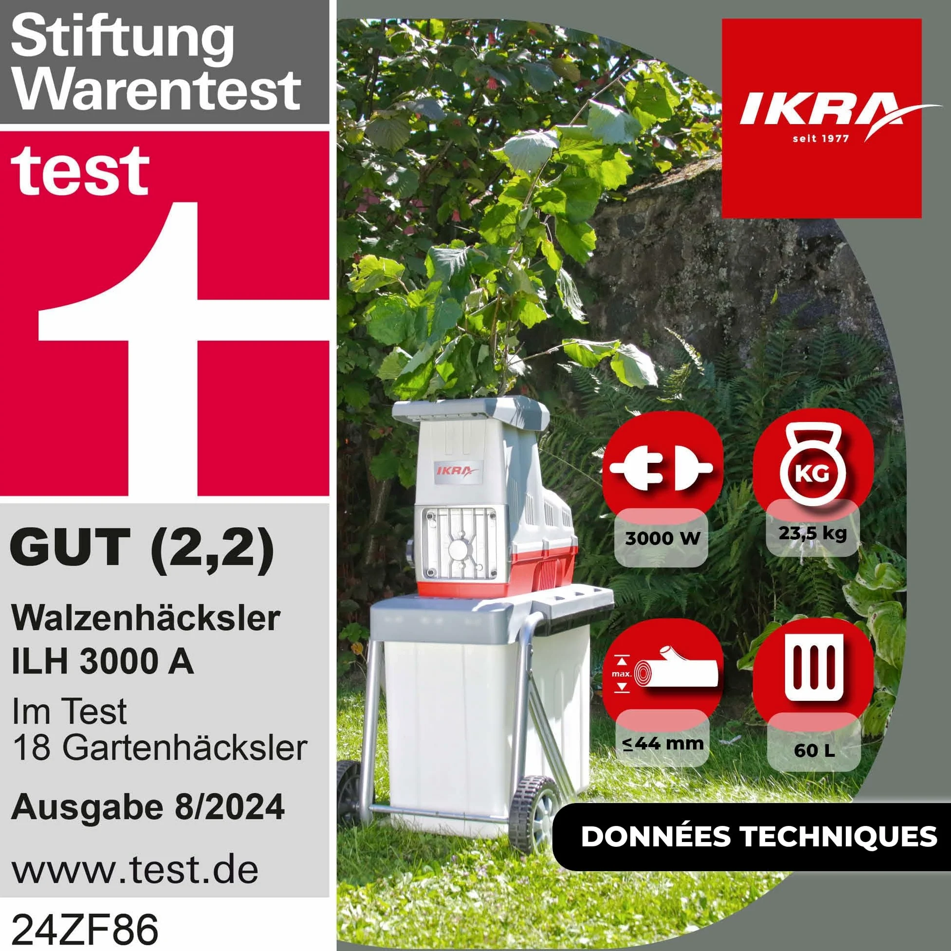 IKRA broyeur électrique à rouleaux ILH 3000A, avec lunettes de protection | Silencieux & robuste, puissance de 3000W, alimentation automatique des branches, marche arrière, pour branches jusqu'à 44 mm