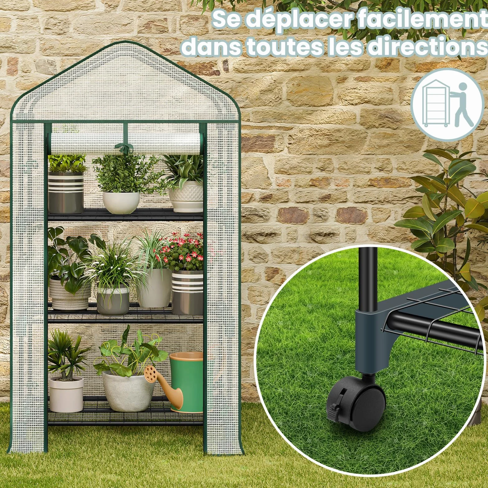 WOLTU Serre de Jardin avec roulettes 70x50x131cm Blanc PE 130g/m²