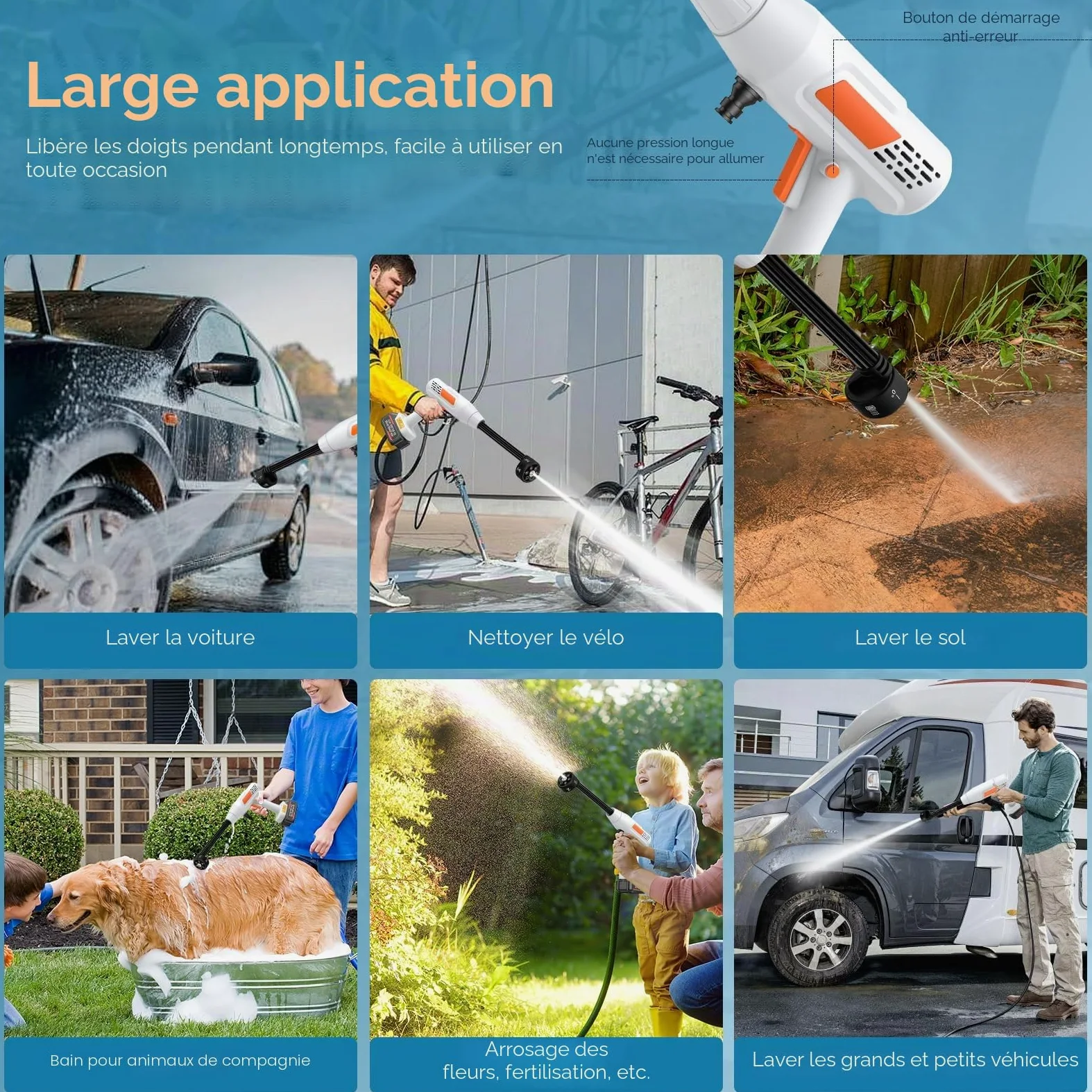 Nettoyeur Haute Pression sans Fil avec Buse 6 en 1, Nettoyeur Haute Pression sur Batterie Max. Pression 435 PSI, avec Cran de Sécurité, Tuyau de 5M, 300 L/H, pour Voiture, Jardin
