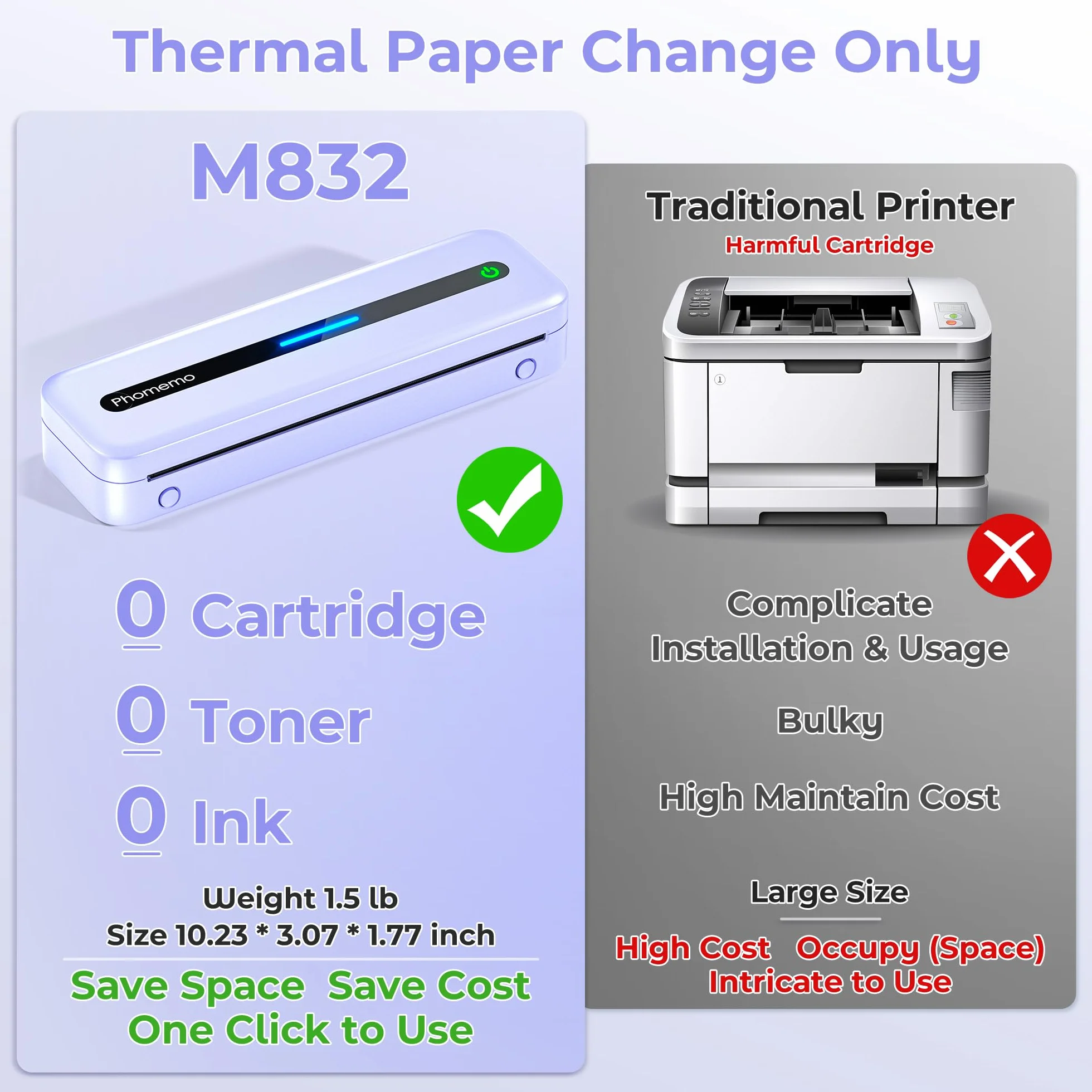 Phomemo M832 Imprimante Portable A4 Thermique Compatible Android iOS sans Encre Violet
