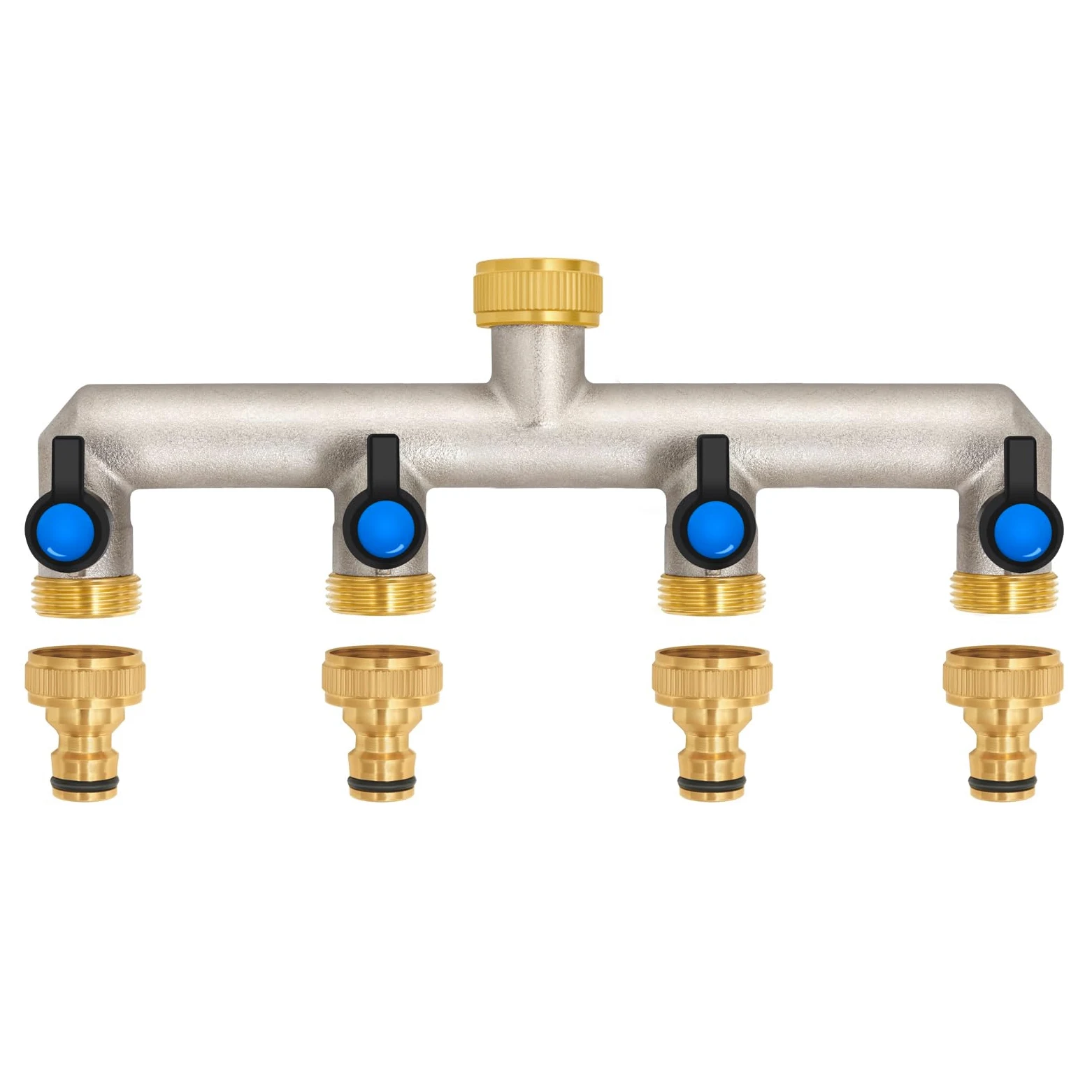 Distributeur d'eau 4 voies en laiton pour 4 appareils/tuyaux d'arrosage, 4 adaptateurs 3/4" 1/2" avec robinet à boisseau sphérique pour régler et fermer le débit d'eau