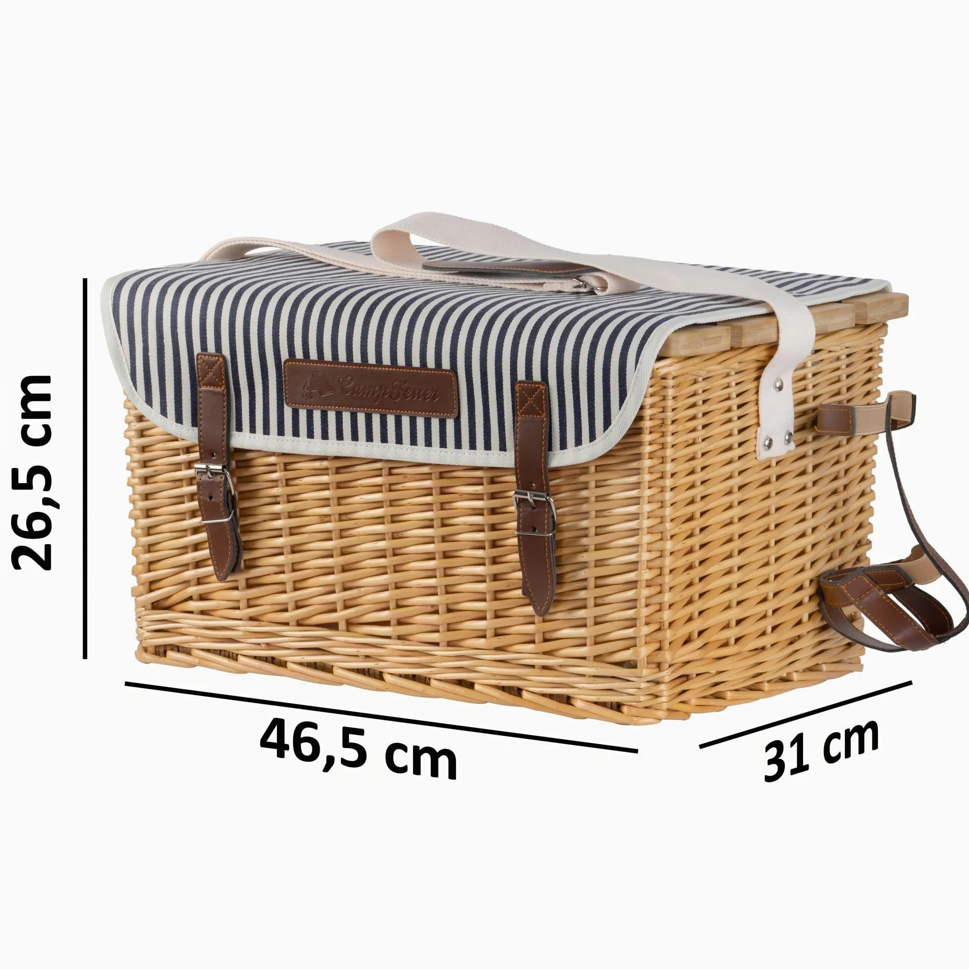 CampFeuer Panier de pique-nique pour 4 personnes avec ensemble de vaisselle et table de service - 25 pièces - Valise de pique-nique avec motif intérieur rayé - Panier en osier avec sangles en cuir
