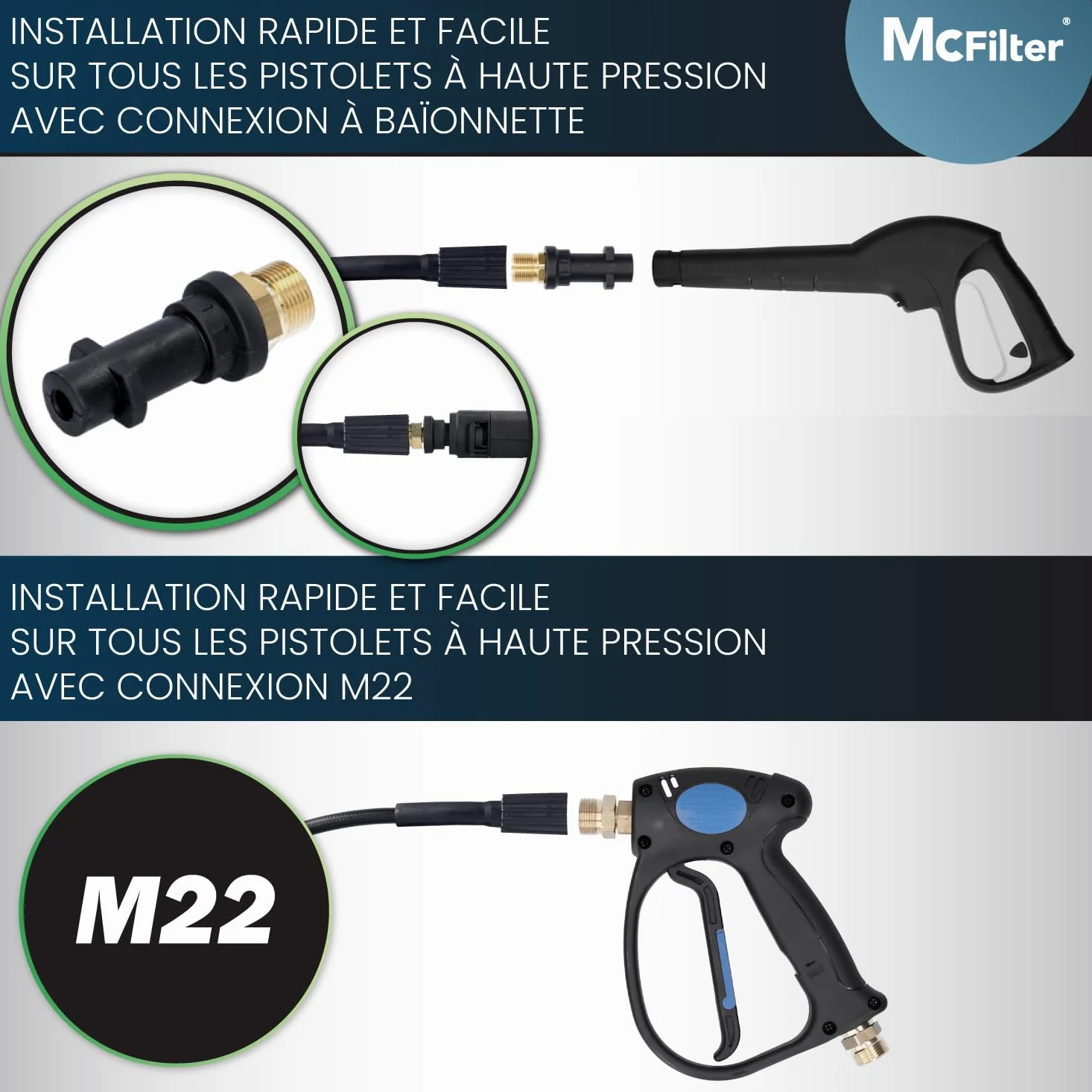 McFilter I Kit universel de tuyaux de nettoyage, 30m, 200 bar, sacoche avec adaptateur incluse, buses fixes + rotatives, compatible avec les nettoyeurs haute pression Kärcher K2 K3 K4 K5 K6 K7
