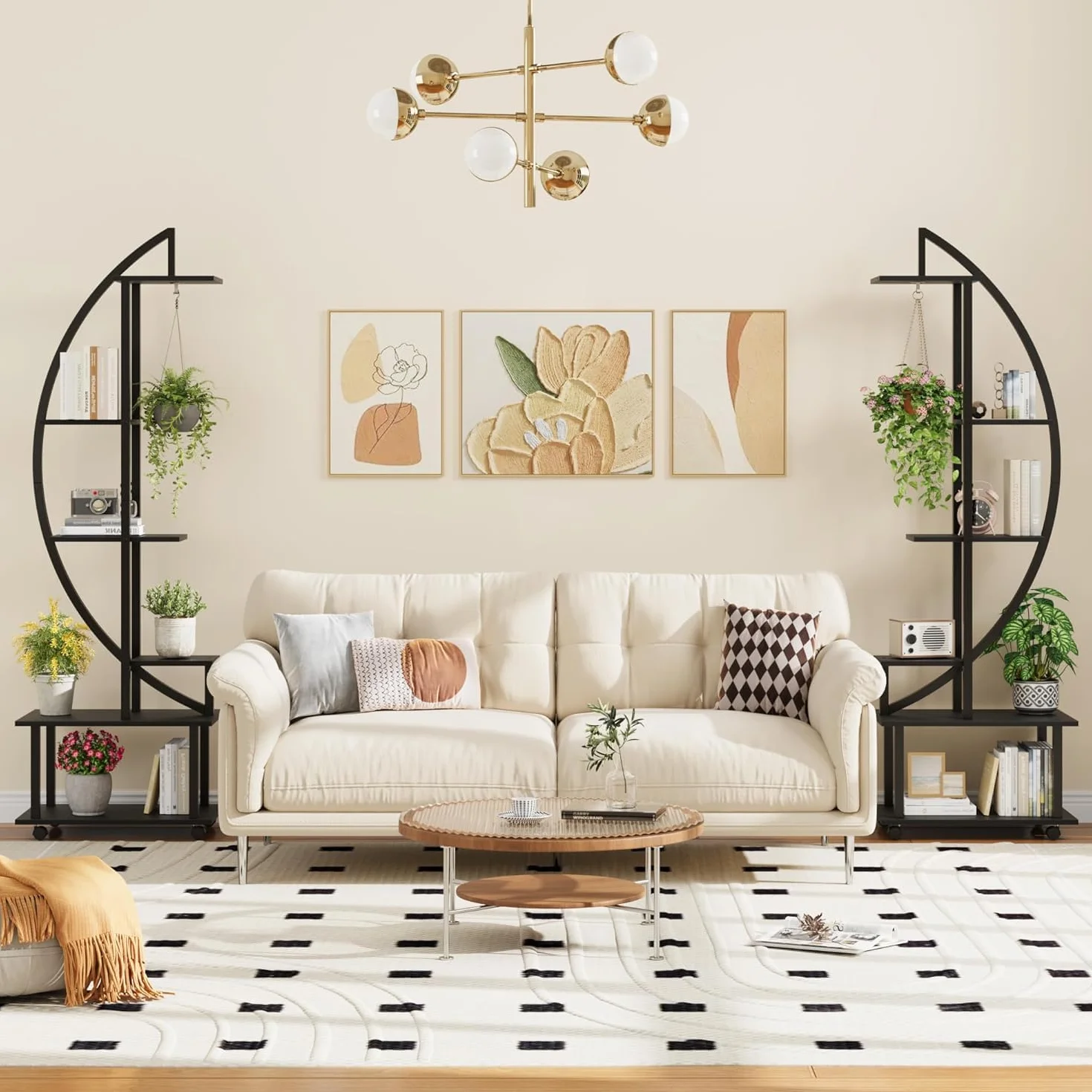 Supports pour Plantes d'intérieur 2 Pièces, 6 Niveaux 172 cm, Roulettes, Demi-Cœur, Métal-Bois, Noir
