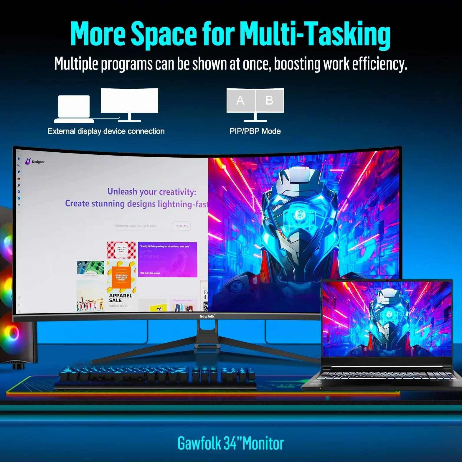 Gawfolk Écran PC Incurvé 34 Pouces Moniteur Gaming 1500R 165Hz UWQHD 2K 3440x1440 128% sRGB 1ms MPRT HDMI DP