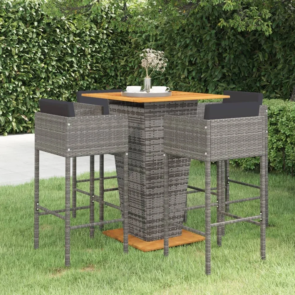 Ensemble de Bar de Jardin 5 pièces avec Coussins, Table et Chaises de Patio en Résine Tressée Gris