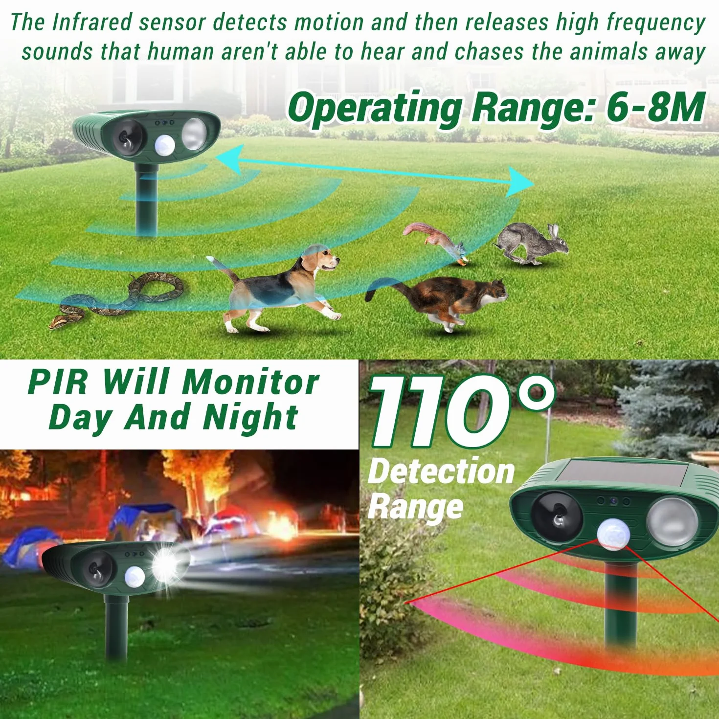 Répulsif Chat Ultrason Solaire Étanche Exterieur avec LED Détecteur de Mouvement pour Jardin Contre Chiens Chats Oiseaux Renards Rats