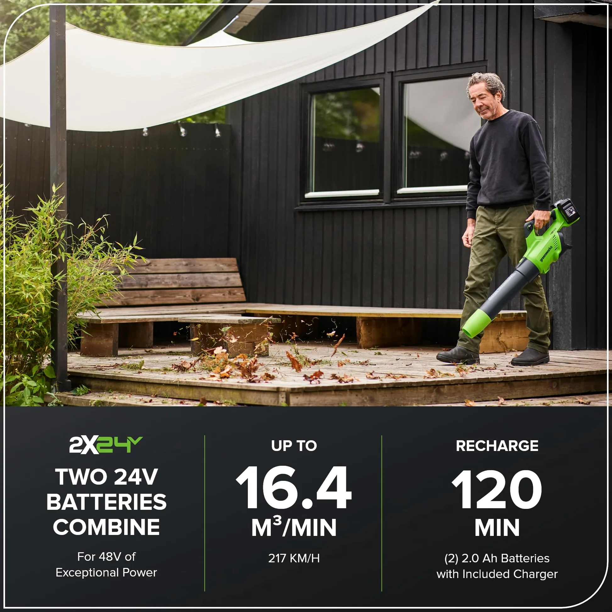Greenworks 48V(24Vx2) Souffleur à Batterie Axial de Feuilles Sans Fil avec Moteur Sans Balai, Fonction Turbo, 217 km/h, 16,4 m³/min, AVEC Deux Batteries 24V 2Ah et Chargeur, Garantie 3 Ans GD24X2ABK2X