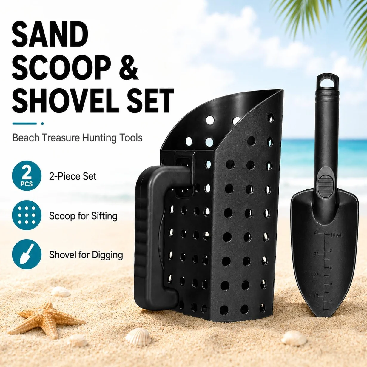 Pelle à Sable Détection Métaux, Pelle Tamis Plage Portable, Détecteur de Métaux Ultra-Léger en Acier Inoxydable