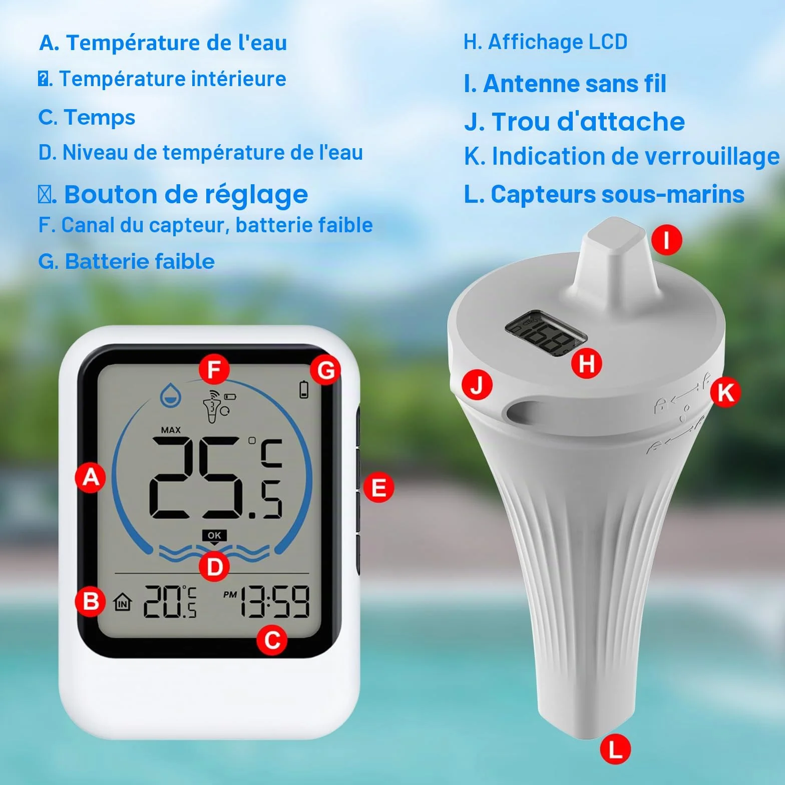 Thermomètre de piscine avec grand écran LCD, étanche IP67, flottant pour piscine, jacuzzi, spa