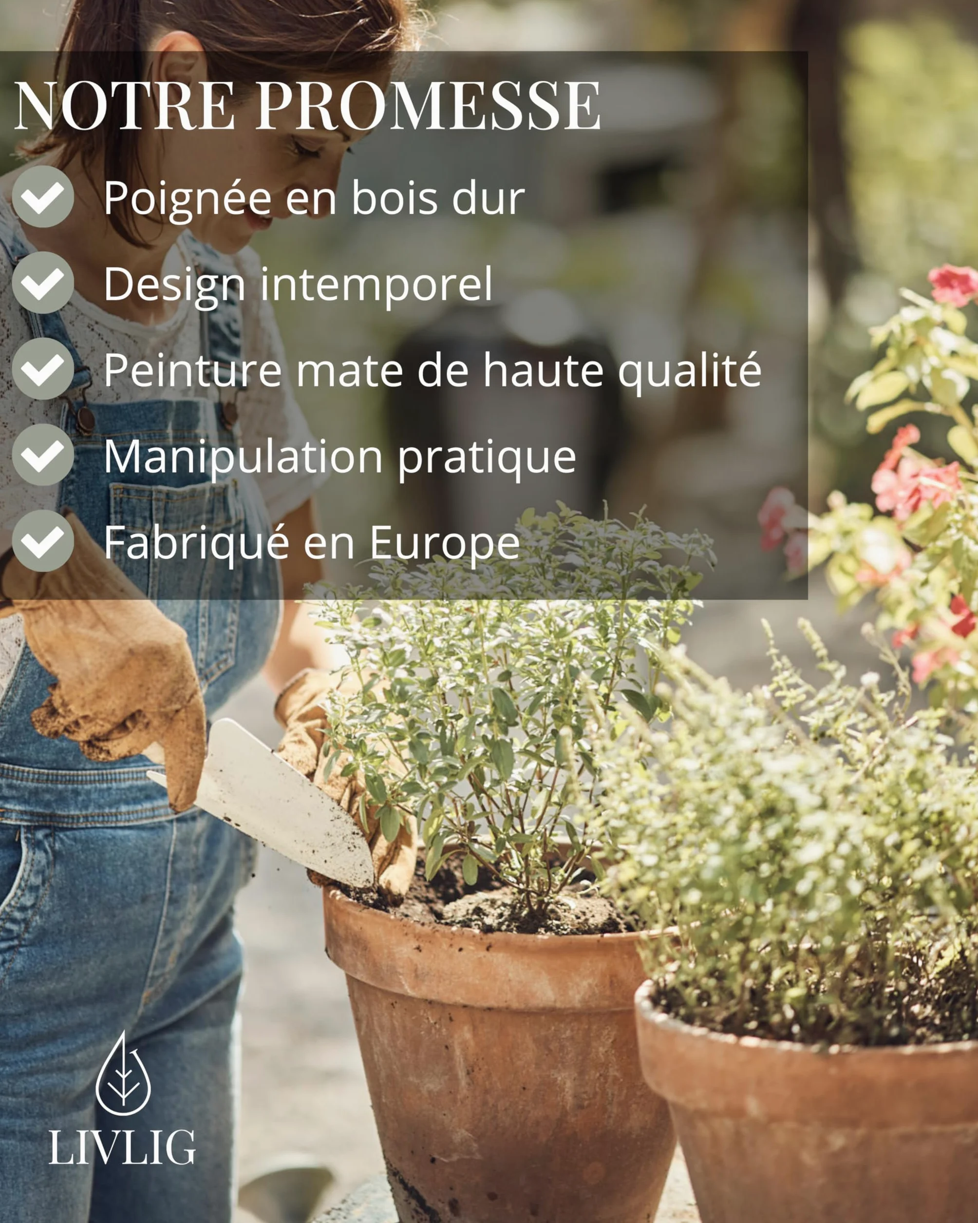 LIVLIG Outillage de Jardin - Griffe de Jardin, Pelle à Main, Houe avec 2 Griffes, Lot de 3 Outils Jardinage, Poignées en Bois - Outil Jardinage Idéal pour Cadeaux de Jardin pour Femmes et Hommes