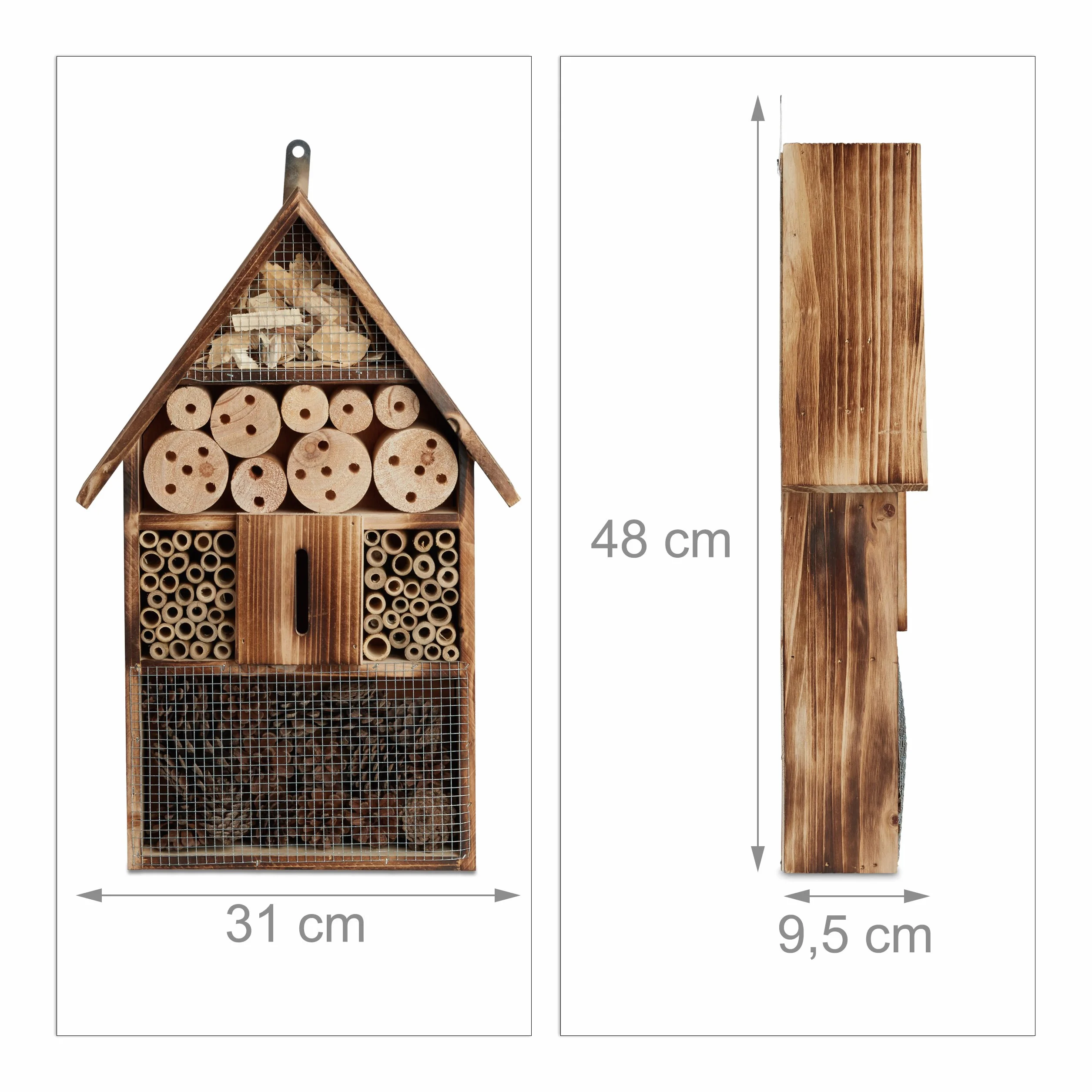 Relaxdays Hôtel à insectes en bois brûlé 50 cm abri abeille refuge papillon 9,5x31x48 cm