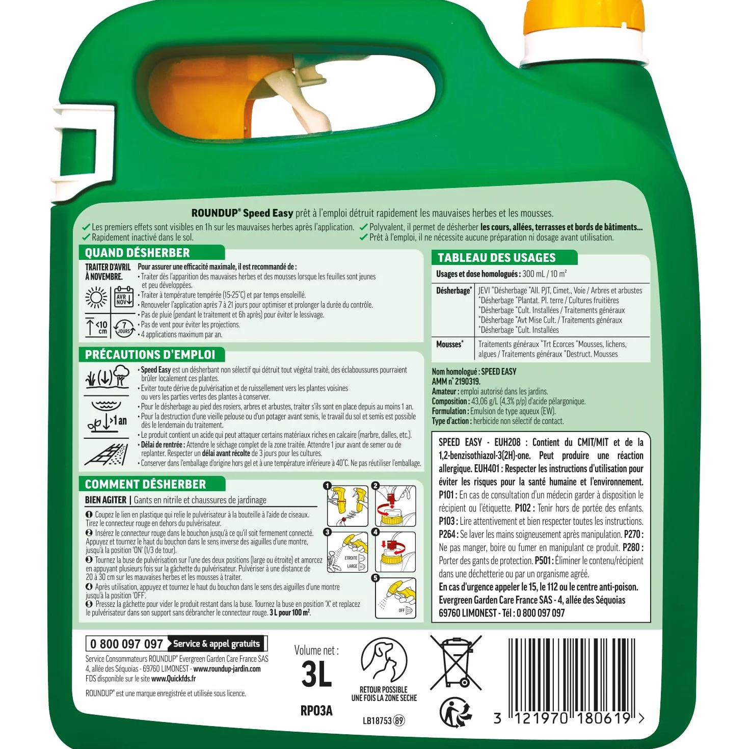 ROUNDUP RPO3A Désherbant Jardin Polyvalent 3 L Acide Pélargonique 100m²