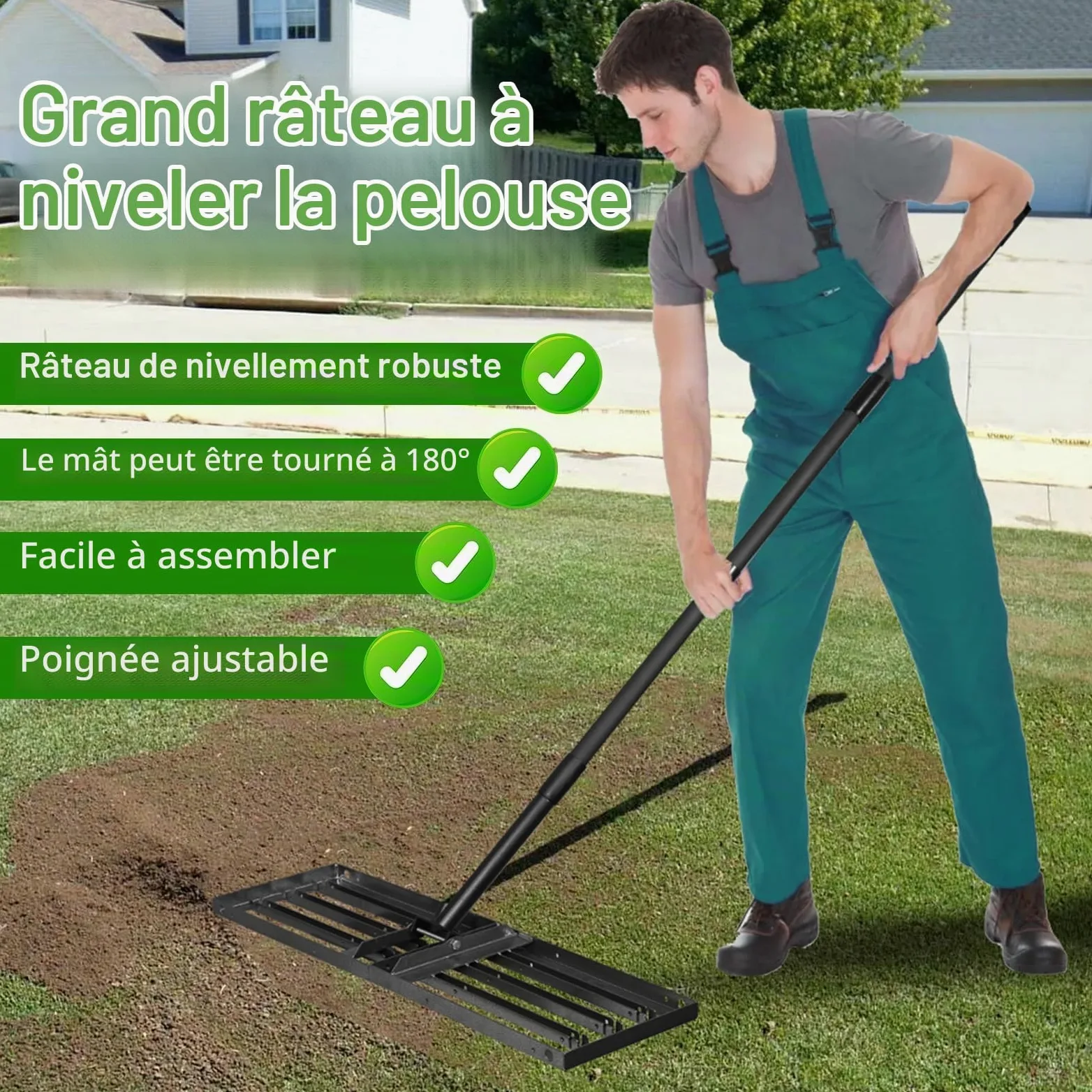 Râteau niveleur de pelouse 24x87cm,Rateau nivellement Robuste avec Manche réglable de 172,5cm pour niveler la pelouse,Terre,l'herbe et Le Sable dans Les Jardin,Les Cour arrière et Les Terrain de Golf