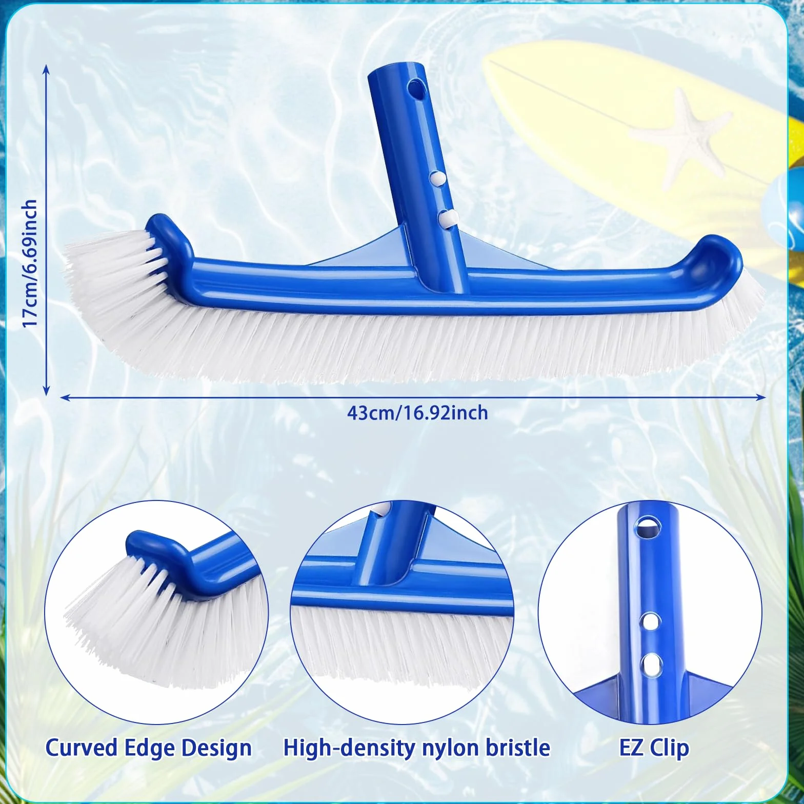 Brosse de Piscine 43cm Tête de Brosse Nettoyage Poils Nylon Extrémité Courbée