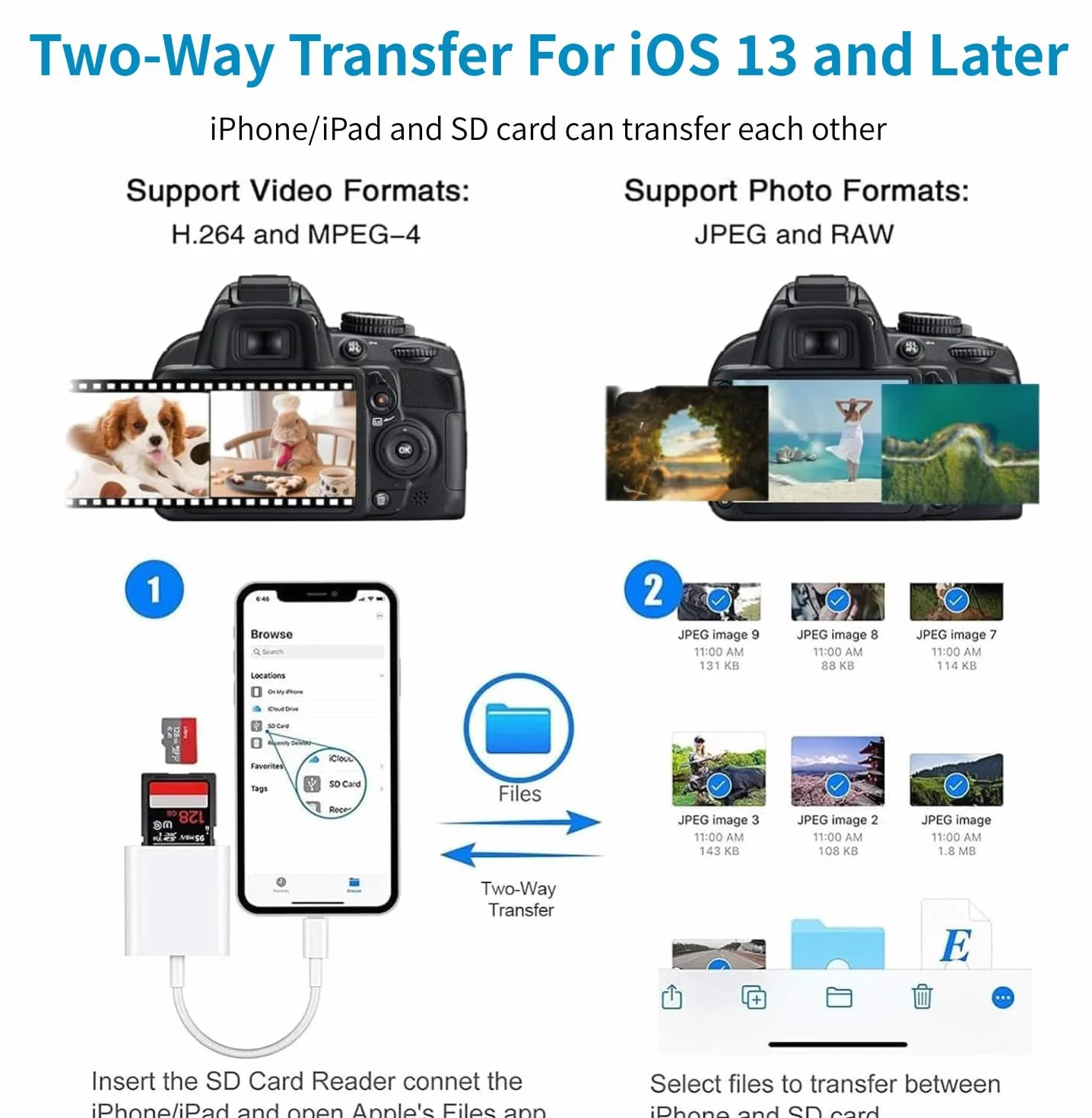 Lecteur de Carte SD pour iPhone iPad, Lightning Adaptateur de Carte SD Double Fente Micro SD/SD