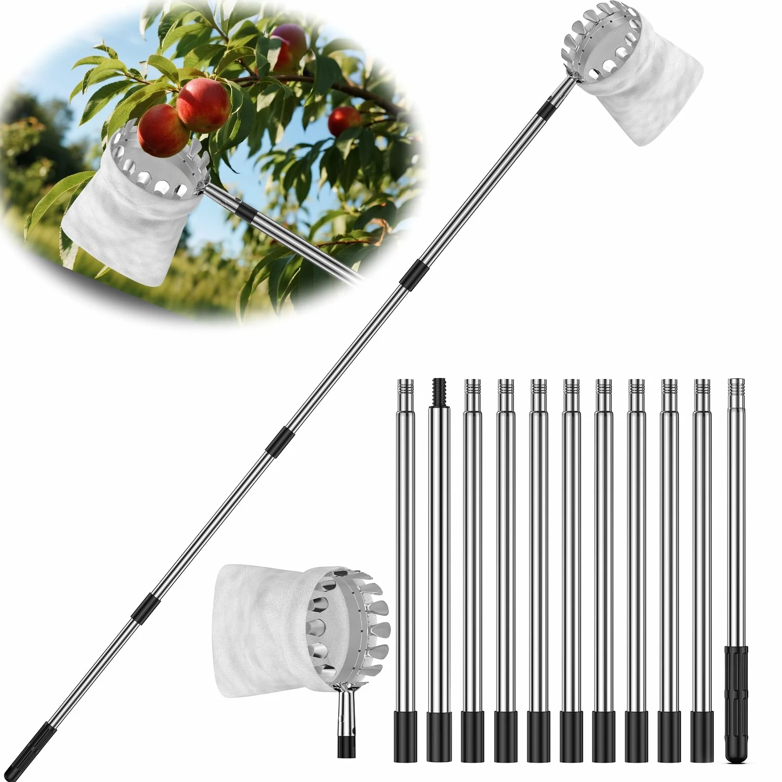 BURMONG Outil de cueillette de fruits de 4 m avec poteau en acier inoxydable et panier souple – Récolteuse de fruits réglable pour pomme, mangue, avocat, orange, poire, citron et plus encore – Léger