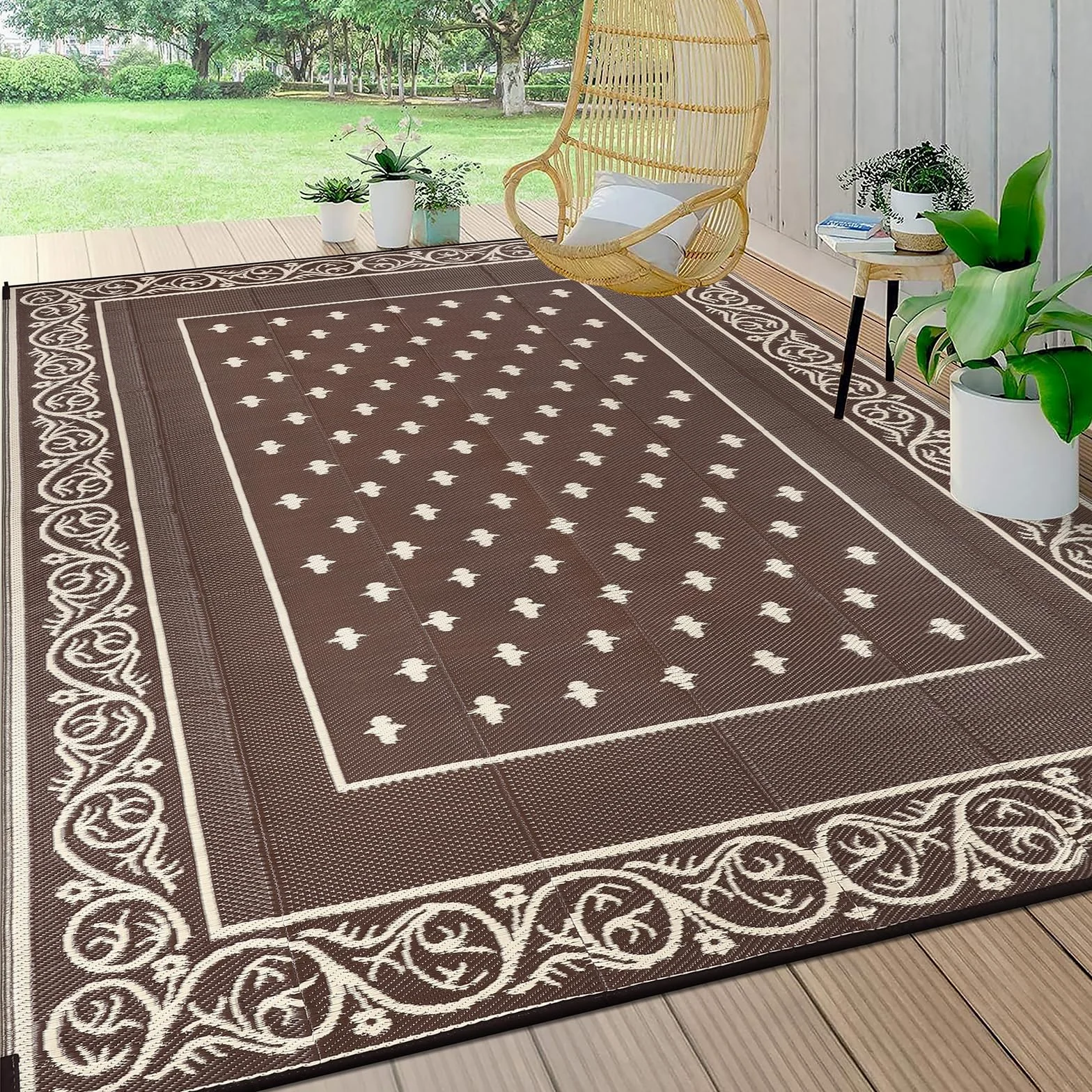 Pauwer Tapis d'extérieur imperméable de 2,4 x 3 m pour patio, tapis réversible avec paille en plastique, tapis d'intérieur et d'extérieur pour camping-car, pique-nique, jardin, terrasse, balcon,