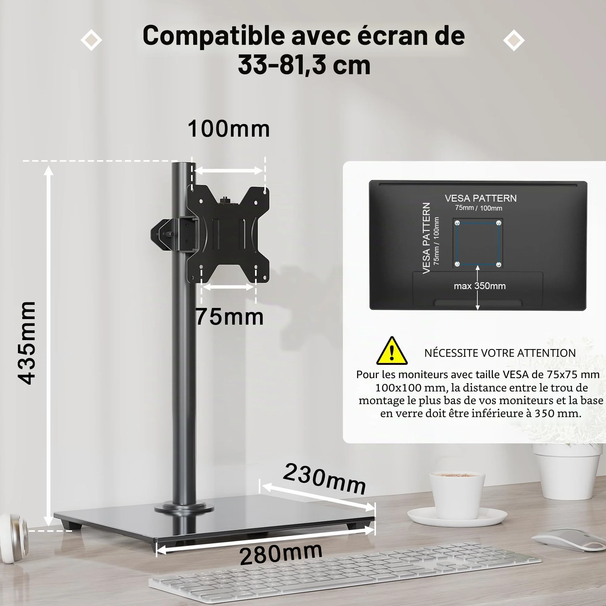 BONTEC Support Écran 13-32 Pouces, Bras Réglable Moniteur Plat/Incurvé, Socle Verre Trempé, Inclinaison ±75°, Pivotement ±80°, Rotation 360°, Max 10kg, VESA 75/100mm