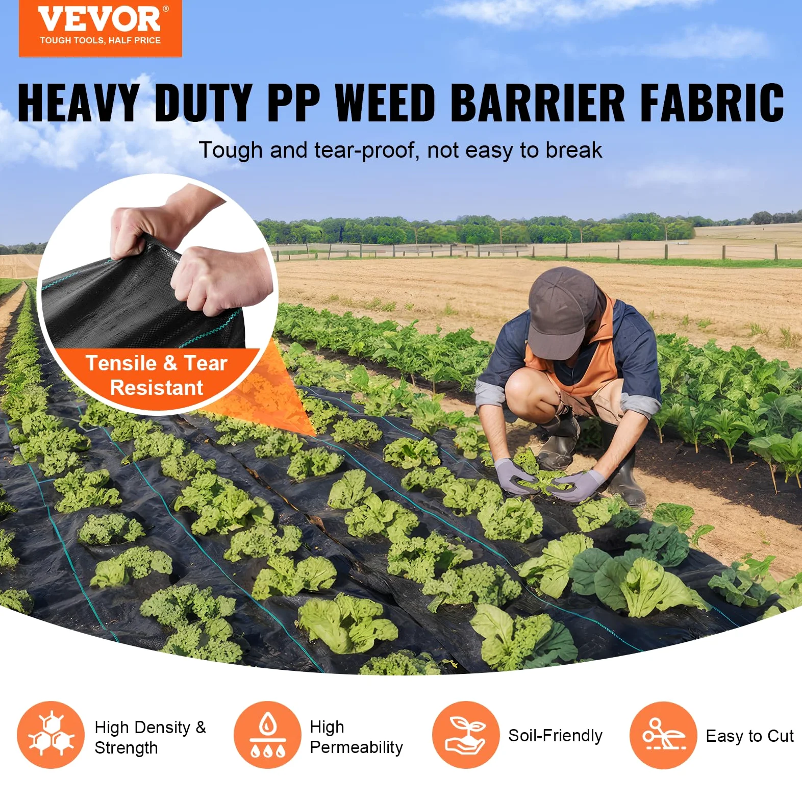 VEVOR Toile de Paillage Anti-Mauvaises Herbes 1,8x91,4 m Géotextile Tissé Anti Repousse Herbe Sous Gravier 102 g/m² Toile PP Perméable Résistant à Déchirure pour Aménagement Paysager, Couvre-sol, Noir