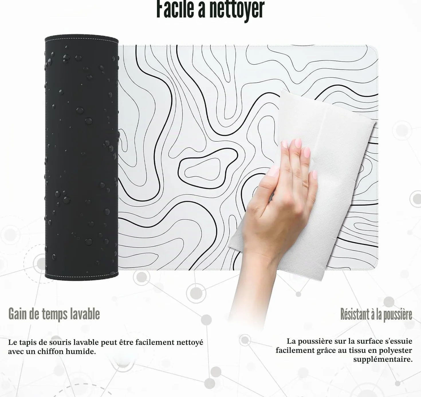 Grand Tapis de Souris de Jeu Cartes Topographiques Bords Cousus Sous-Couche Antidérapante Blanc 80x30
