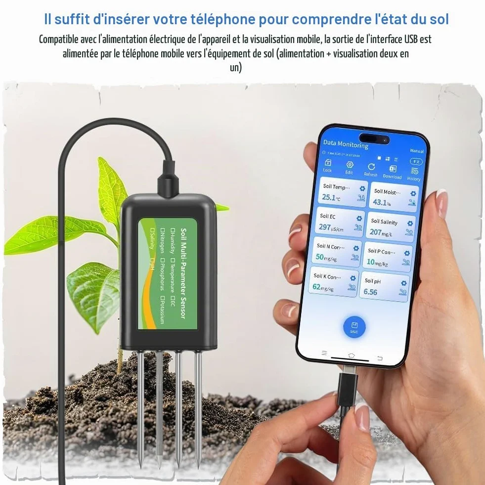 Testeur de sol USB 8 en 1, capteur de sol, testeur numérique des sols avec analyse du pH, de la température, de l'humidité et des nutriments NPK