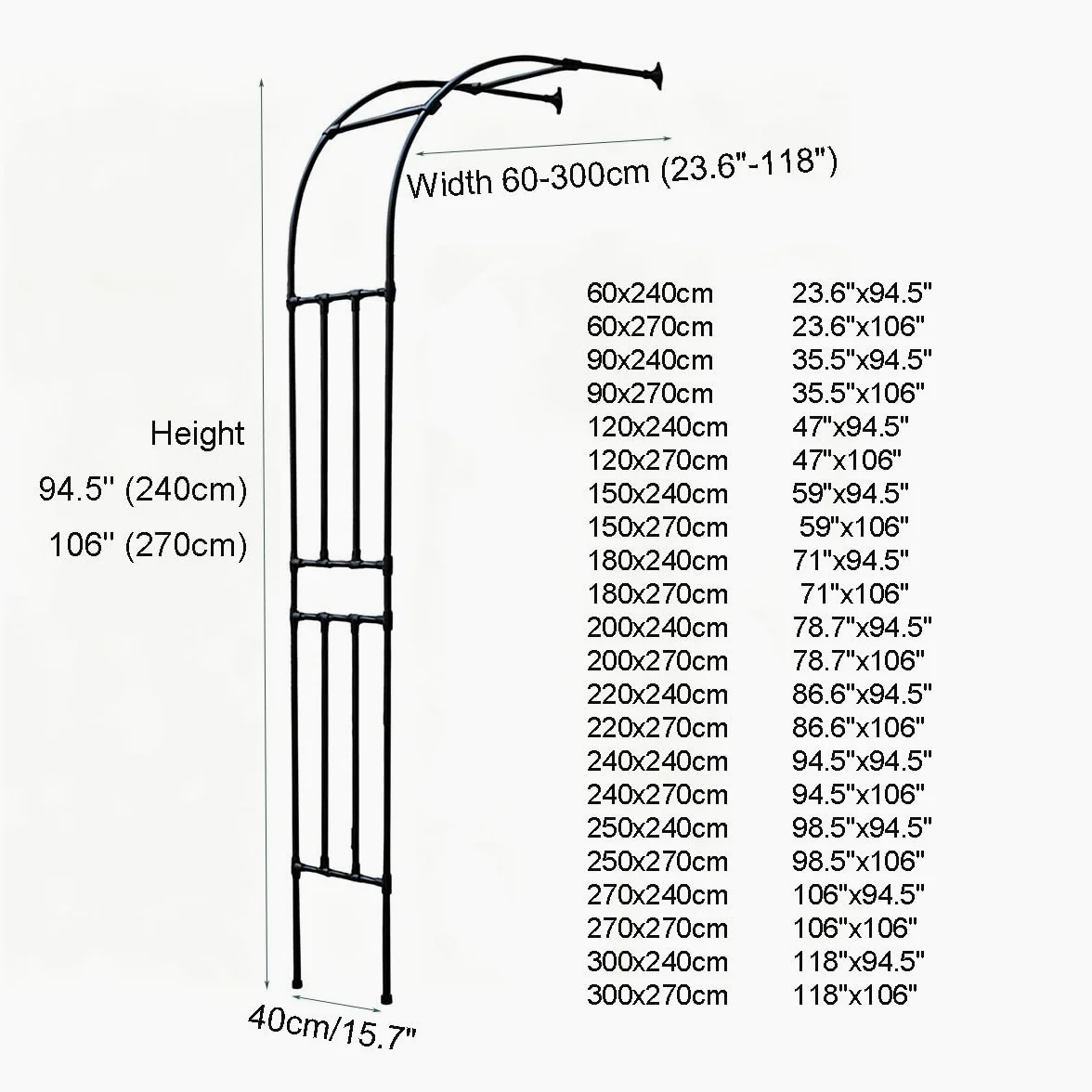 Demi-Arche de Jardin Hauteur 270 220 180 90 240 cm, Support pour Plantes Grimpantes, Arceau Métallique pour Rosiers, Tonnelle Décorative Extérieure, Anti-Rouille(Noir,W120xH270cm)