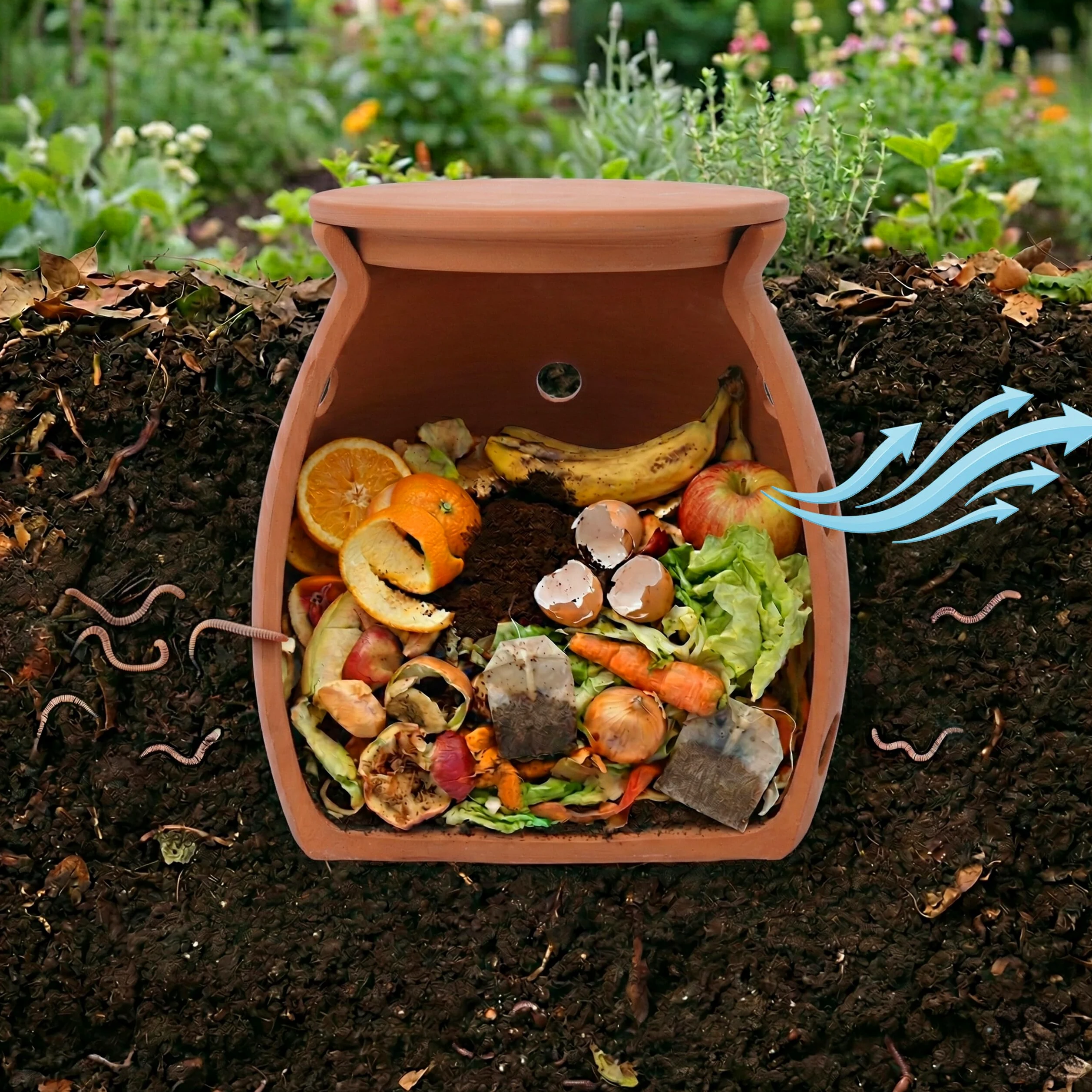 Relaxdays Composteur à vers à enterrer, 5 L, HxØ 26 x 22 cm, Couvercle, Terre Cuite, Jardin & Potager