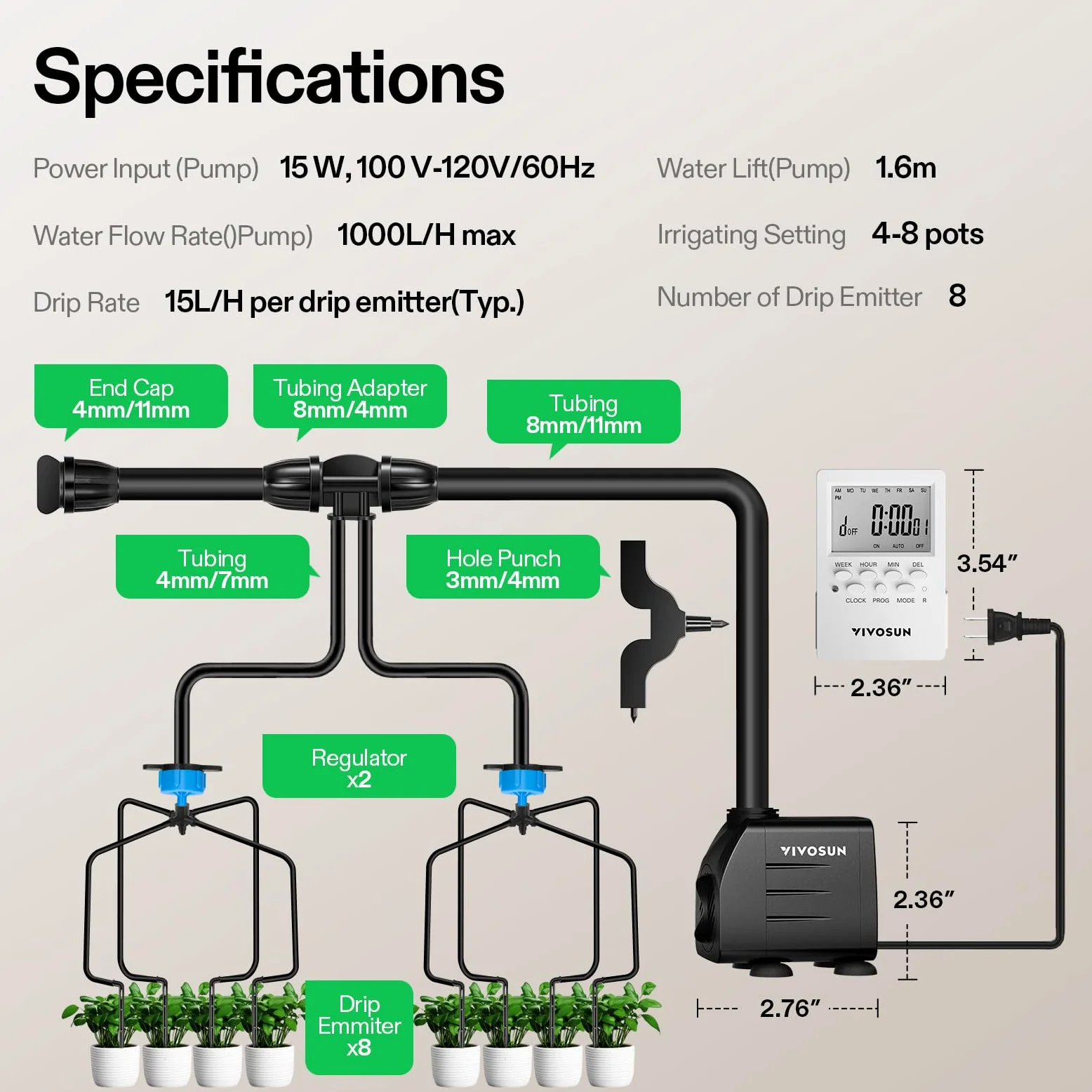 VIVOSUN Kit Professionnel d'Irrigation par Goutte-à-Goutte Automatique, Puissance de Sortie 15W, Kit de Culture Professionnel Tout-en-Un — Comprend Pompe, Minuterie et Régulateur