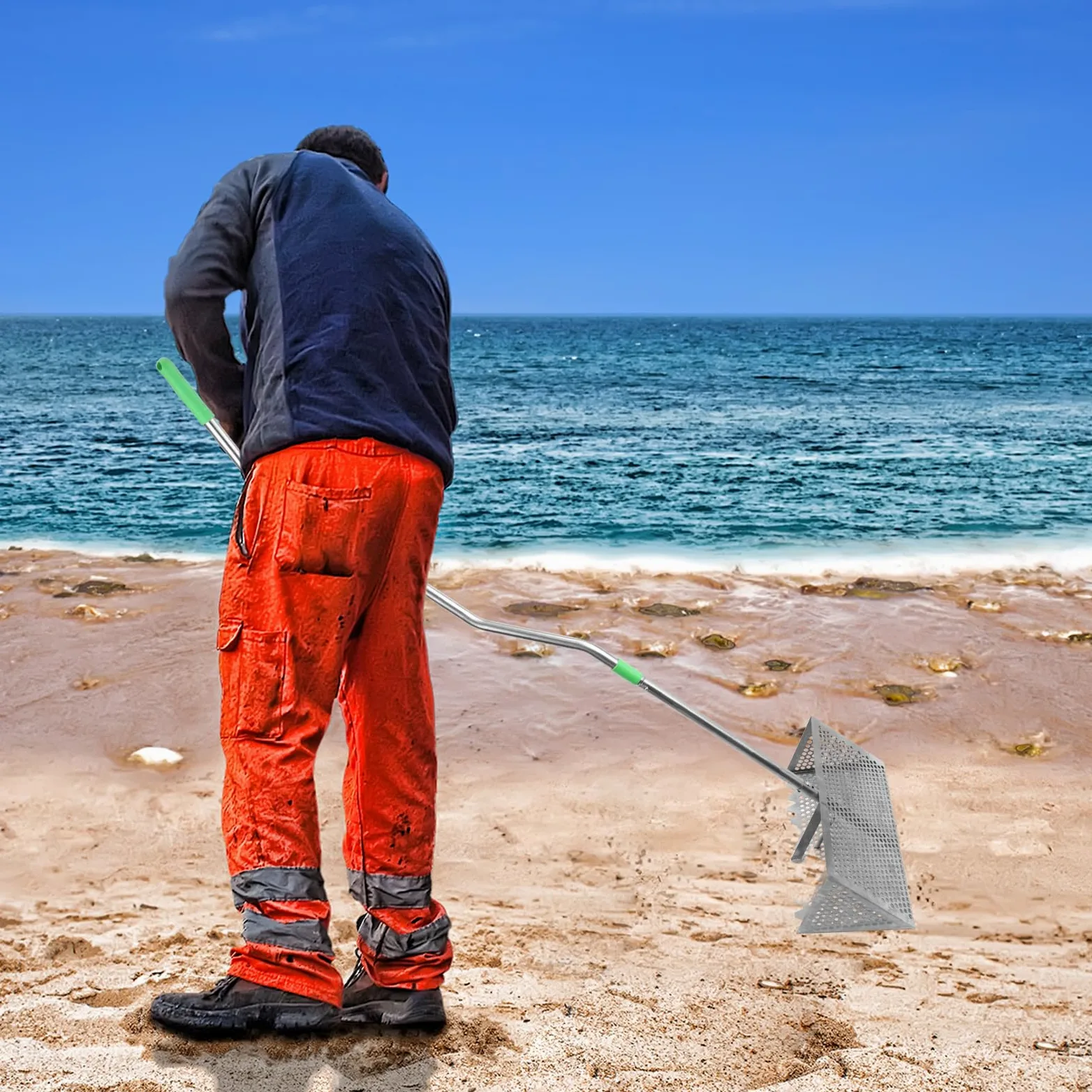 BOXOB Râteau à Puces de Sable pour la Plage, Pelle Puces Pêche Détachable Dents Pointues Panier Large Râteau de Plage Tamis à Sable Durable Pelle Outils Pratiques pour Trouver