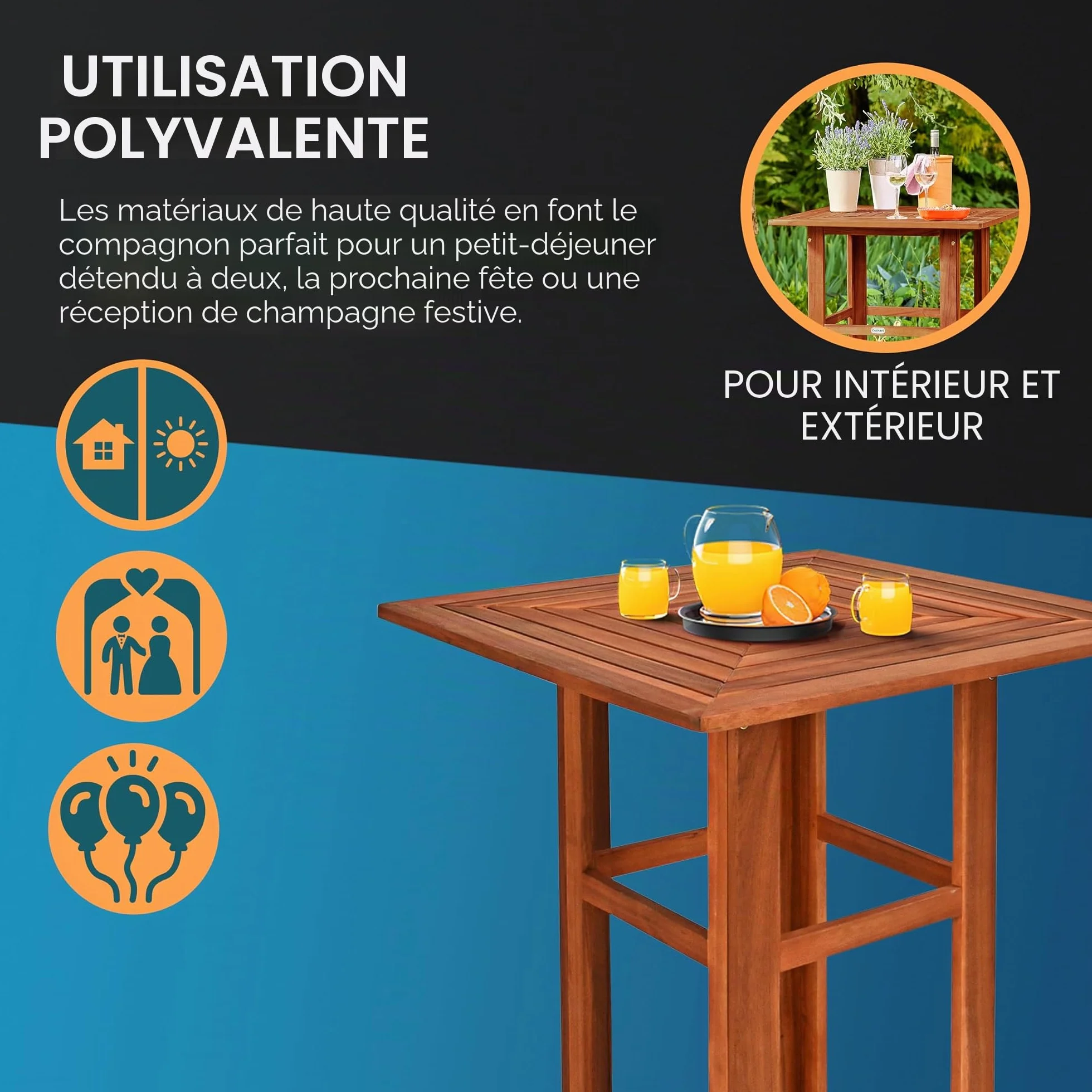 Casaria Table Haute avec 2 tabourets Ensemble de Bar en Bois d'acacia Mange Debout intérieur extérieur
