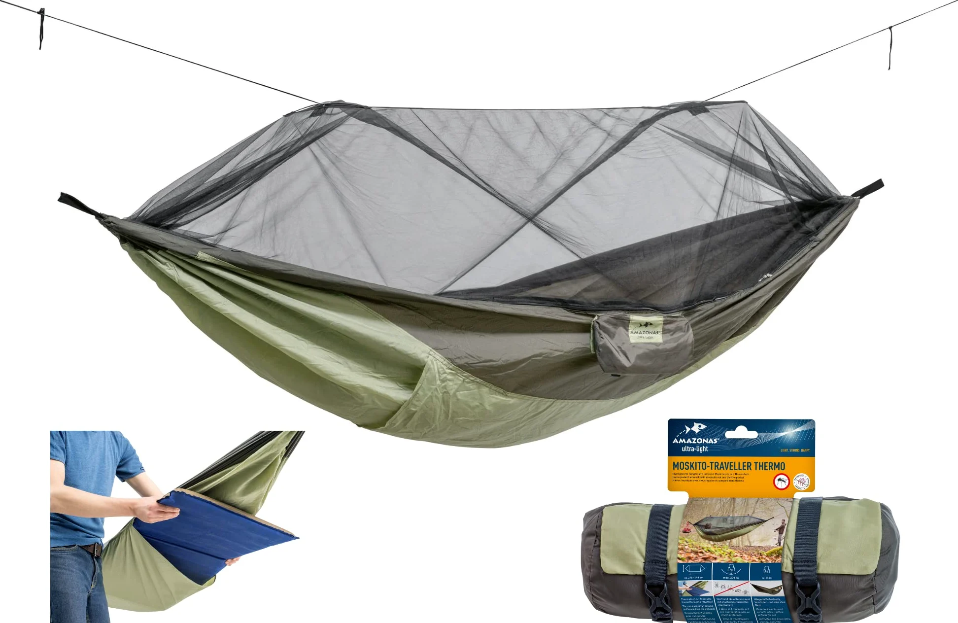 AMAZONAS Hamac Moustique-Traveller Thermo Hamac avec moustiquaire et compartiment de rangement pour matelas