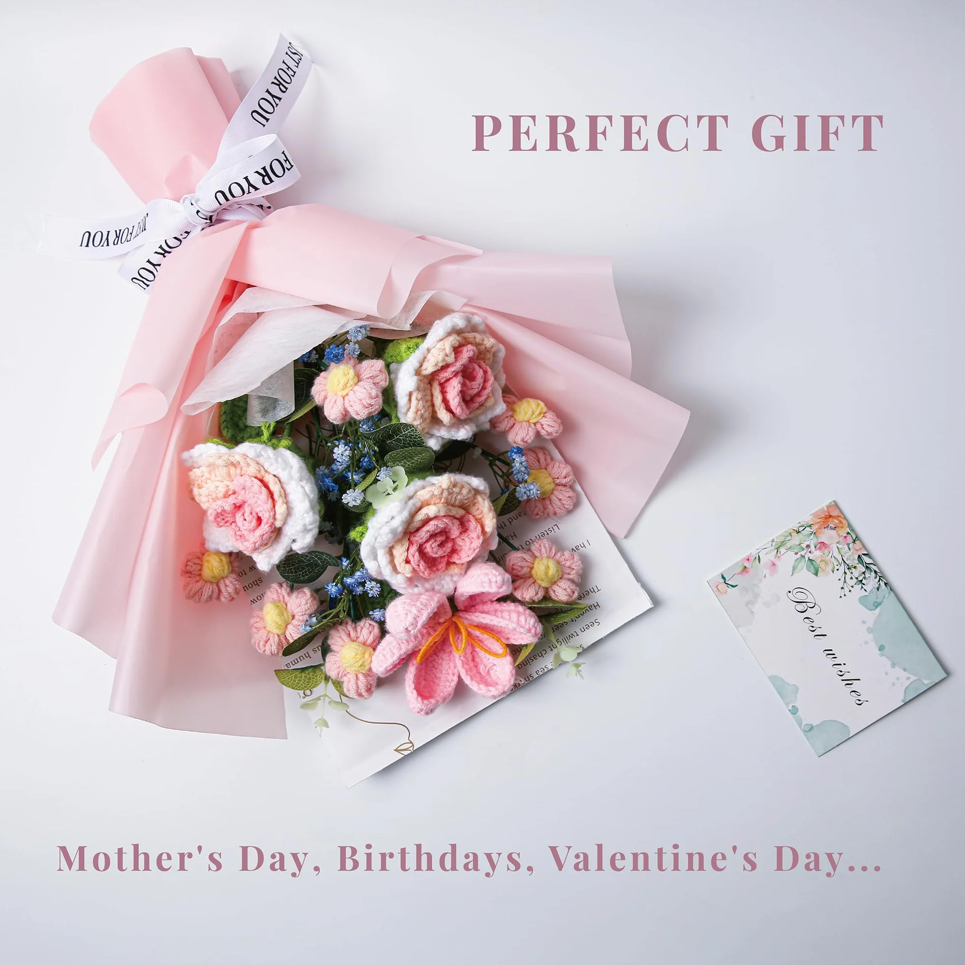 EZsenses Bouquet de fleurs au crochet – Roses tricotées à la main pour décoration d'intérieur, avec sac cadeau et carte de vœux