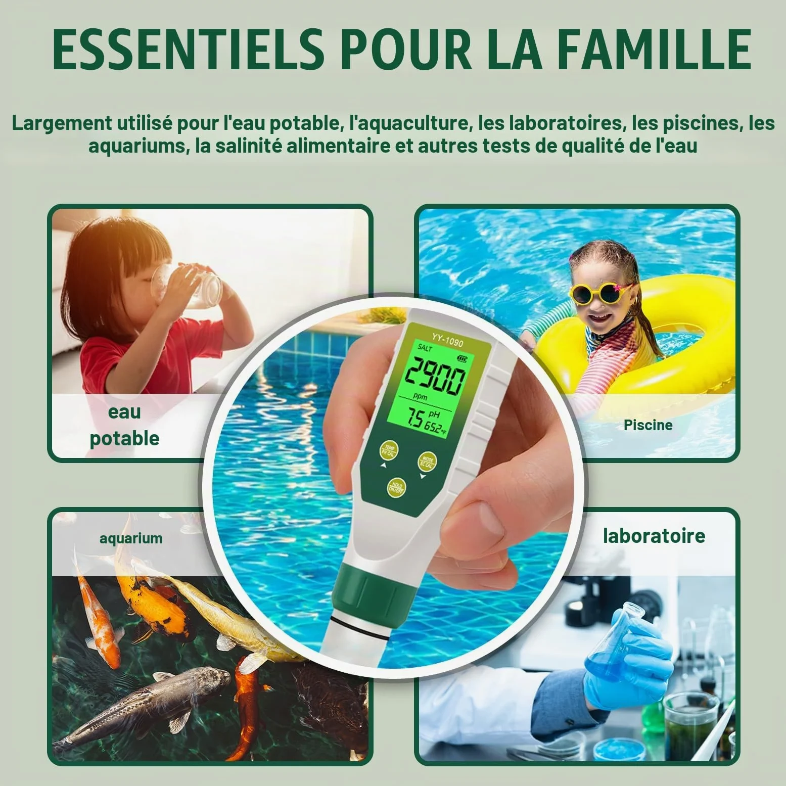 PH Mètre 5 en 1, EC TDS Salinité Température avec Affichage Simultané Trois Données Innovant, Test pH Piscine IP67 étanche, Testeur Salinité pour Eau Potable, Aquariums, hydroponie