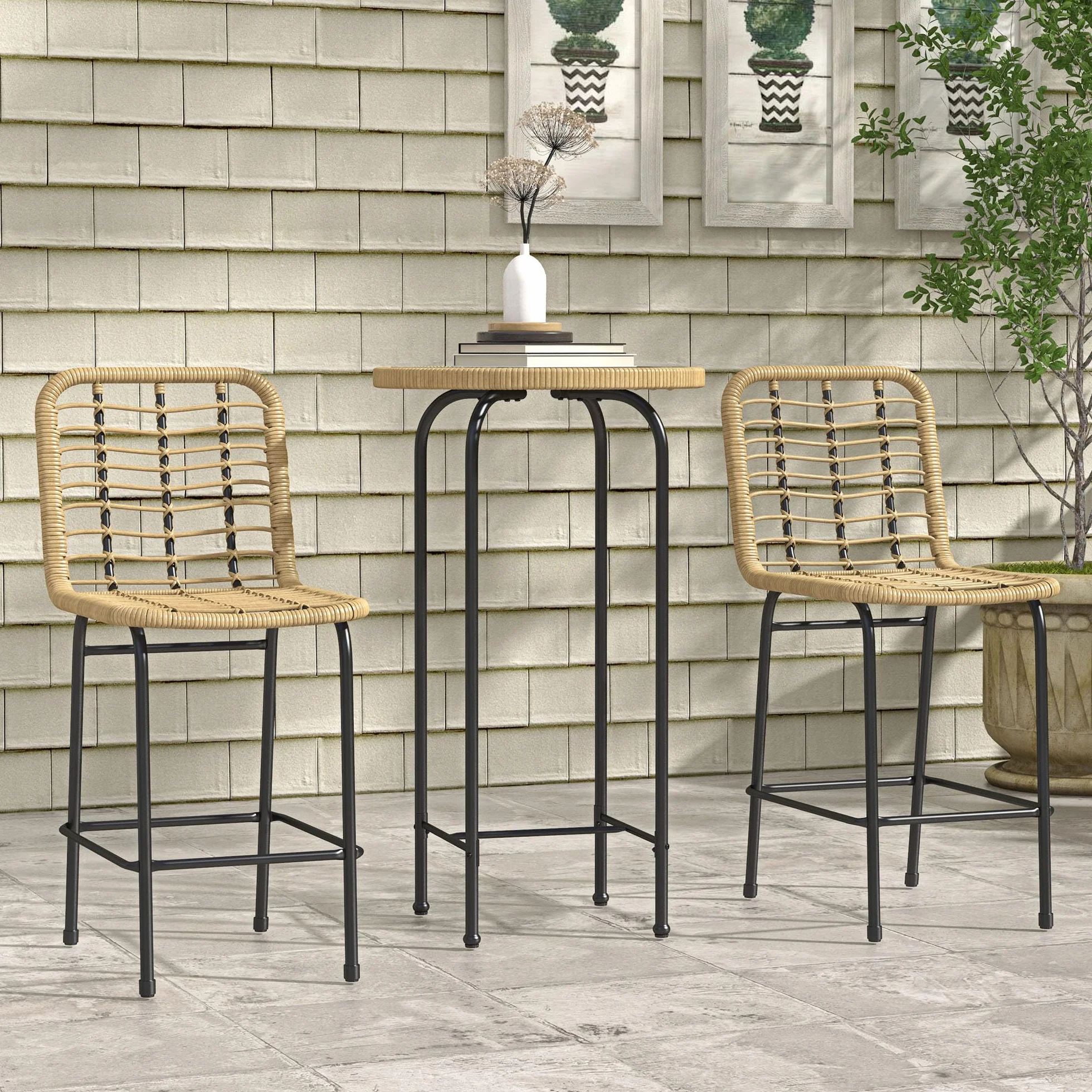 Outsunny Ensemble de Bar de Jardin 3 pièces Table Haute Ronde Design bohème + 2 tabourets Ronds Repose-Pied métal Naturel Noir